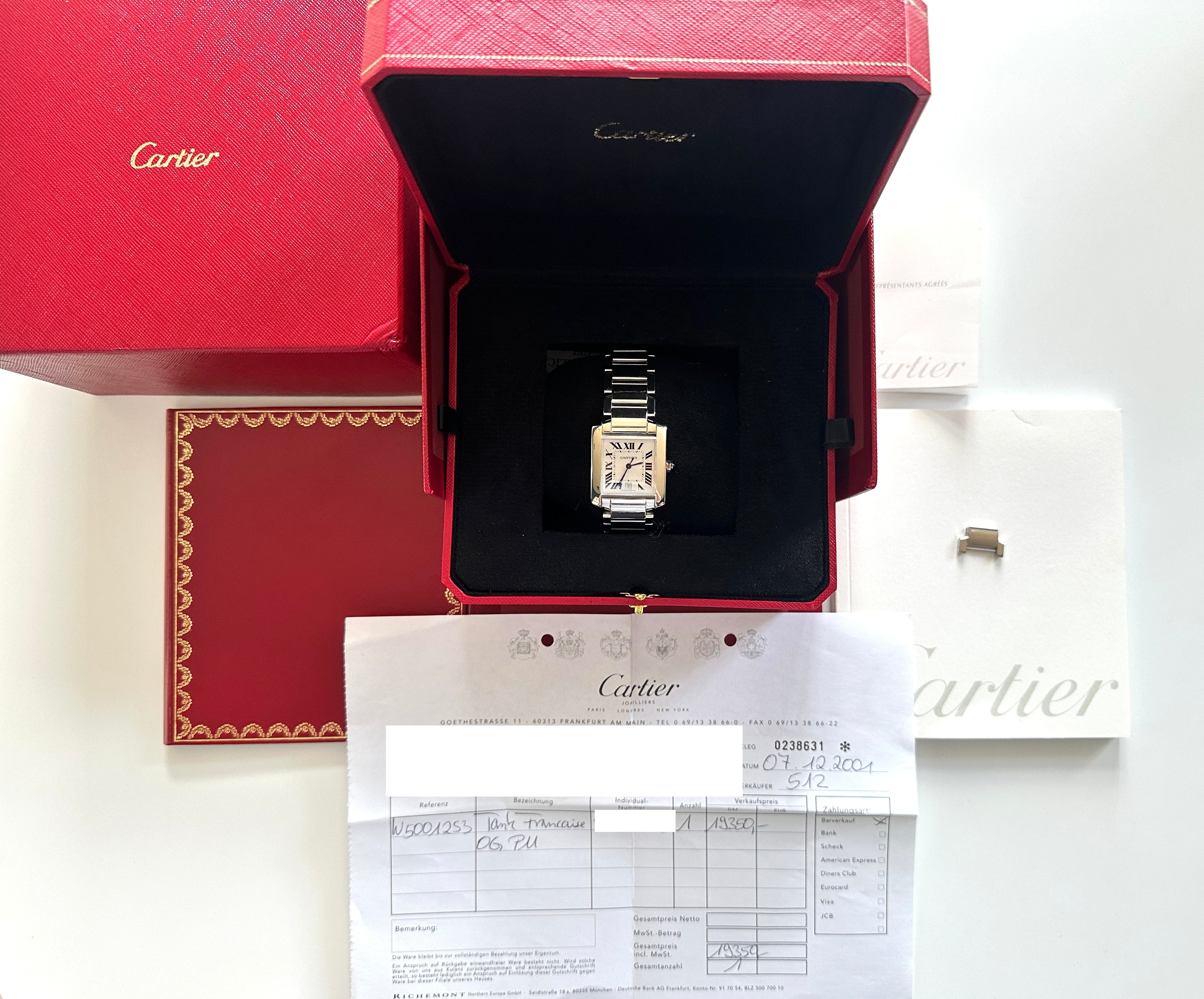 Cartier Tank Francaise Weißgold Automatik Uhr im roten Karton auf Unterlagen
