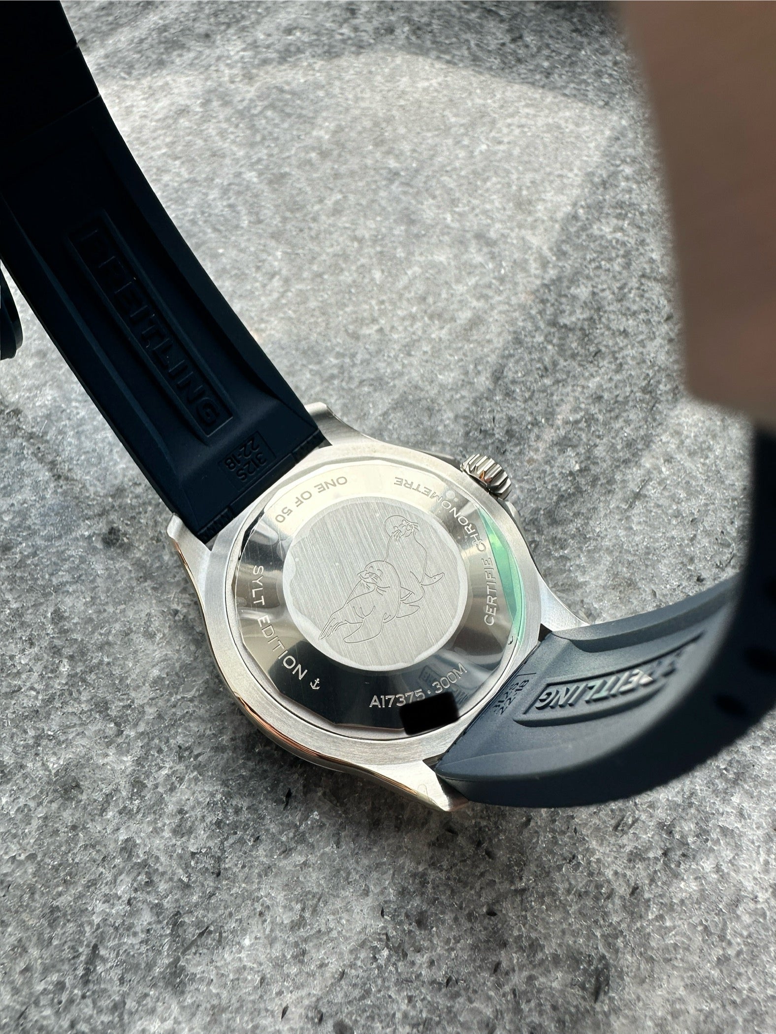 Rückseite einer Breitling Superocean Automatic 42 Sylt Edition mit Kautschukband auf grauem Stein