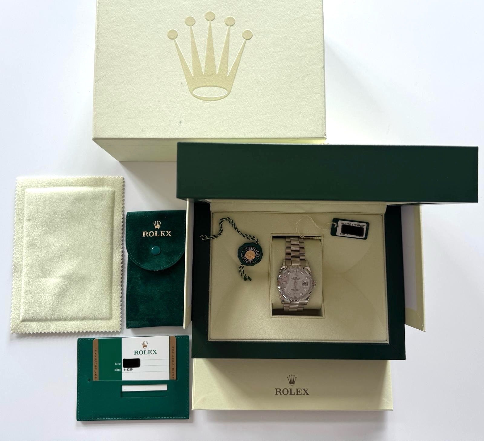 Rolex Day-Date 36 Meteorite in Weißgold, präsentiert im originalen Set mit Papieren und Box