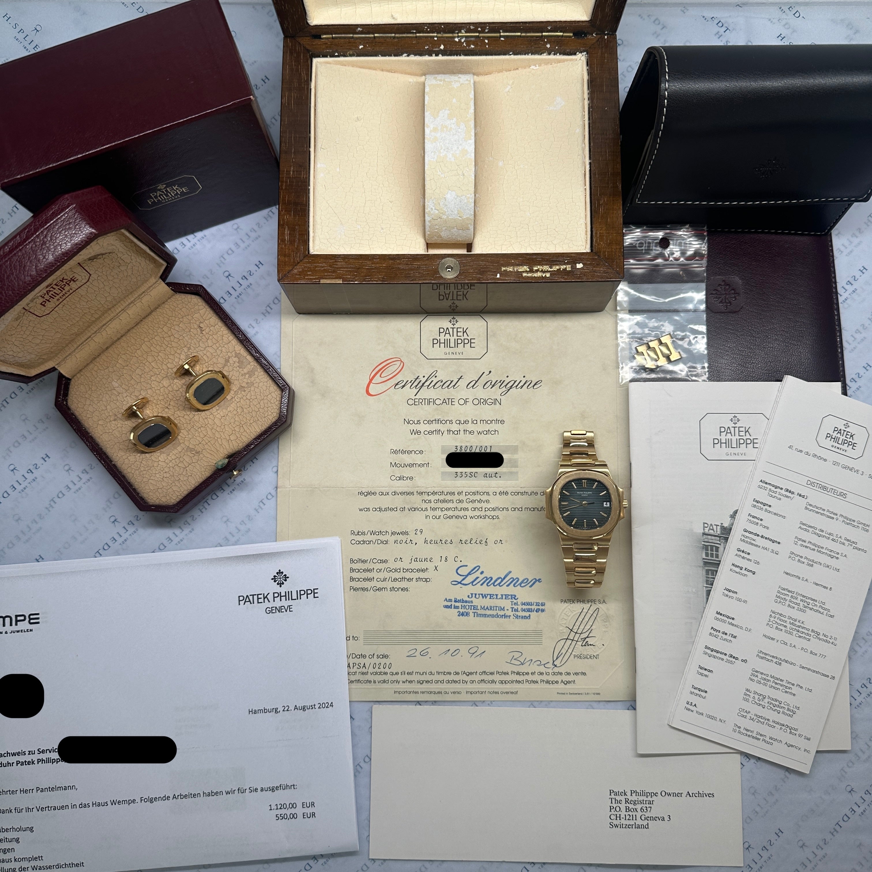 Patek Philippe Nautilus Gold 3800/001 / Tritium & Sigma / Patek Serv. 2024 / No Stretch / Full Links / On Stock / Full Set + CUFFLINKS / Germany 1991