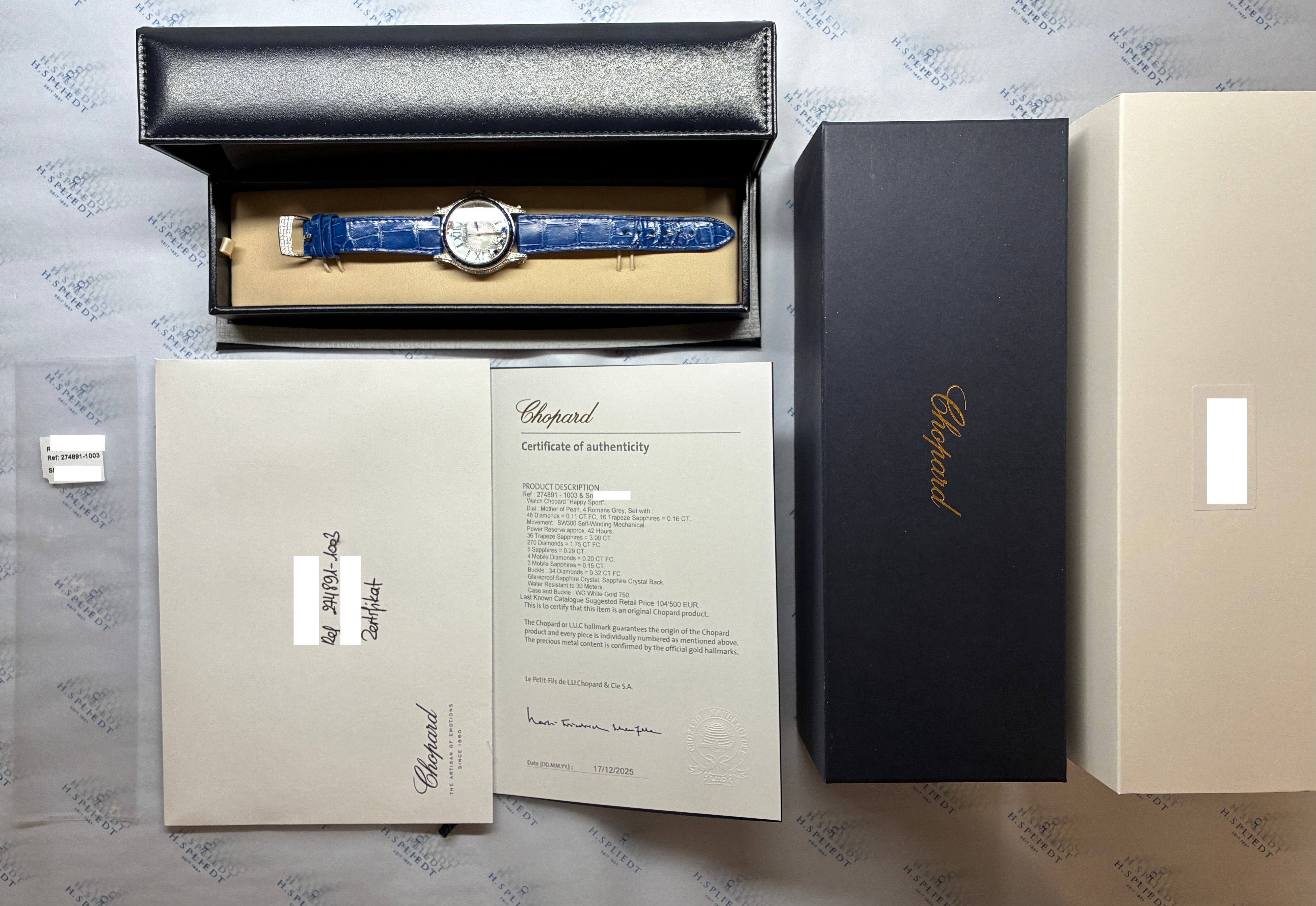 Happy Sport / MOP Dial / Chopard Certificate of authenticity / Whitegold / Box / Retail Price EUR 104.500,00