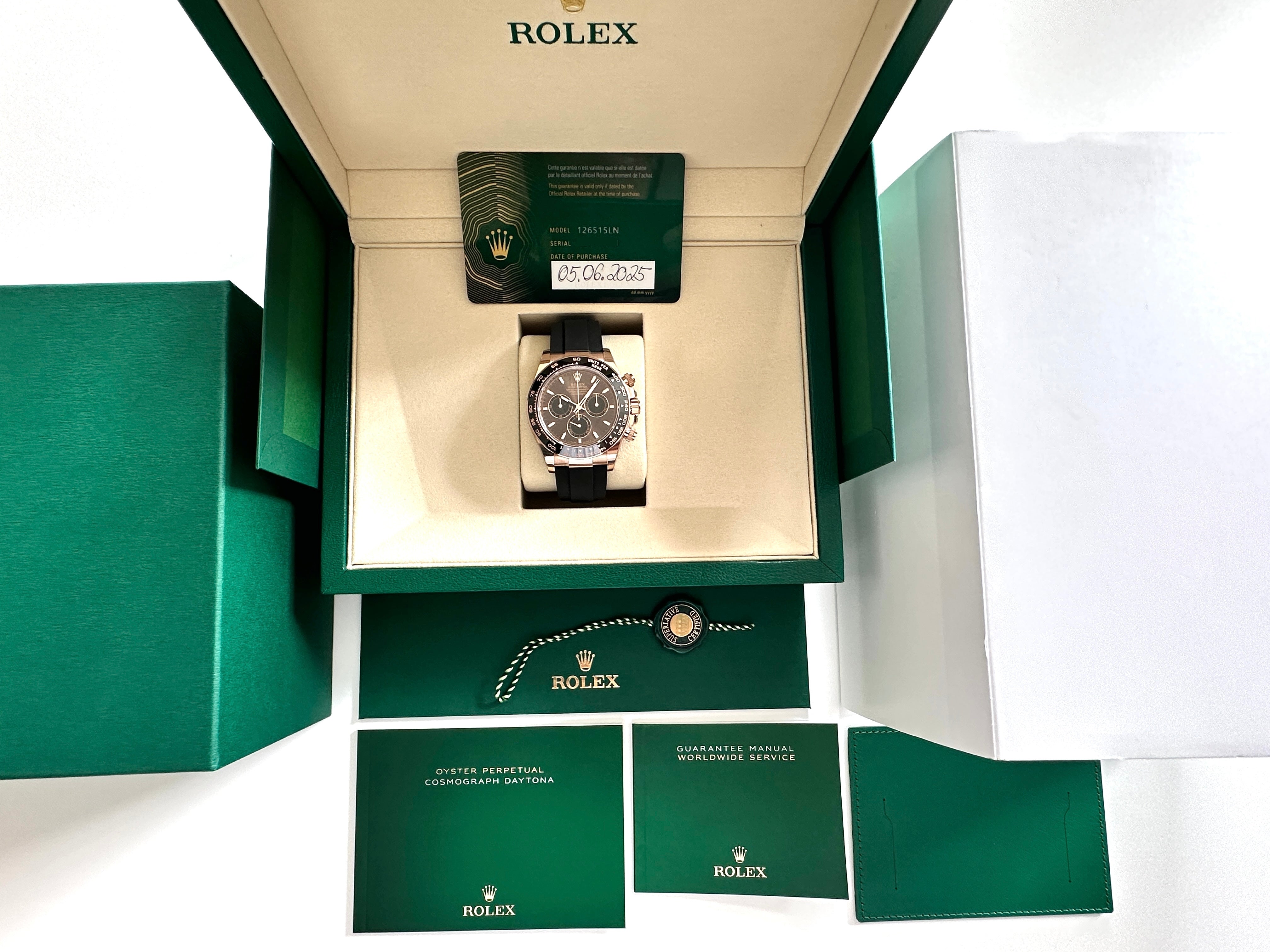Rolex Cosmograph Daytona 126515LN in Roségold mit schwarzem Zifferblatt, ungetragen