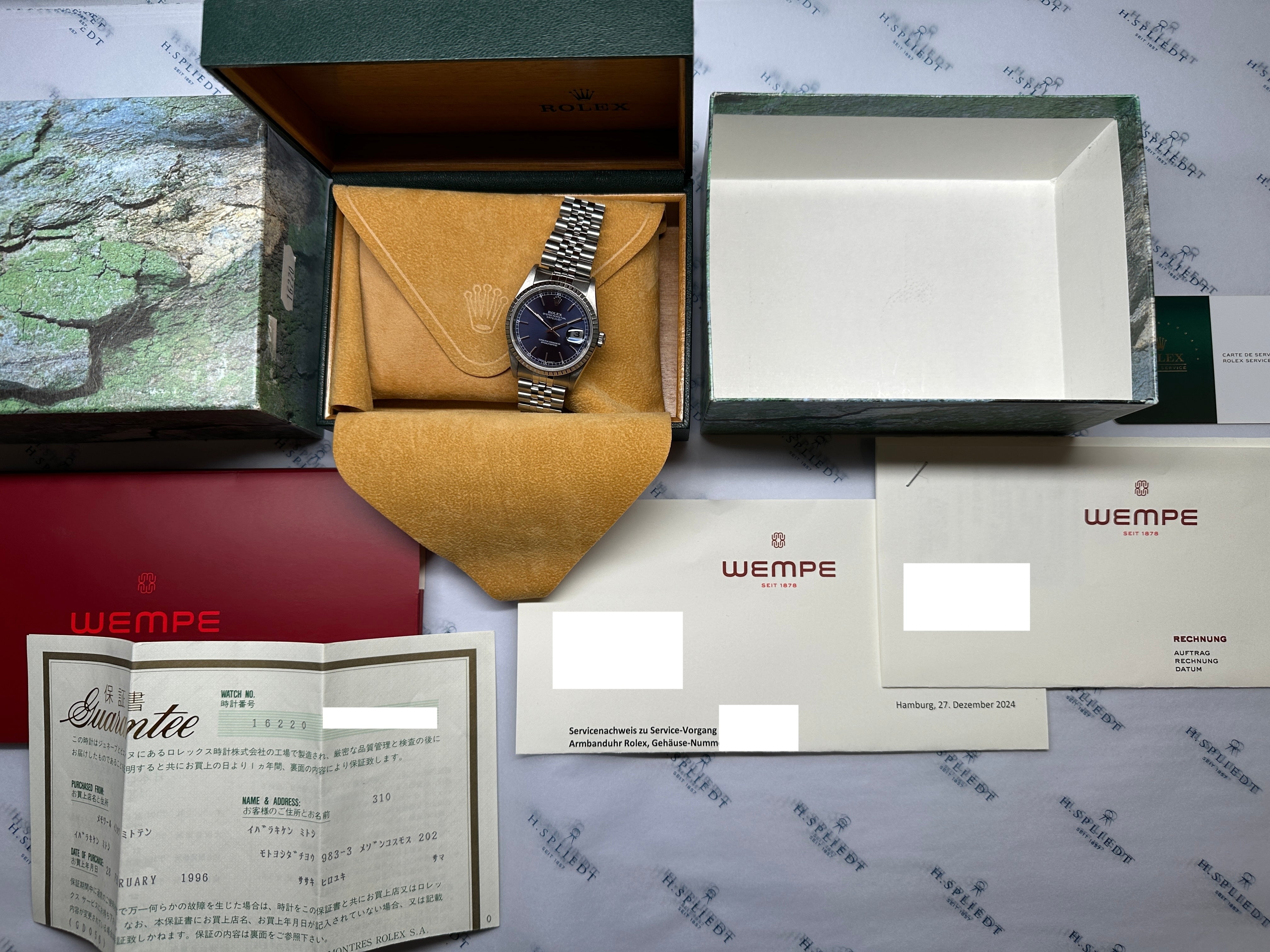 Datejust 36 Blue Dial 16220 / Rolex Wempe Service 2024 / Box and Paper / 1996