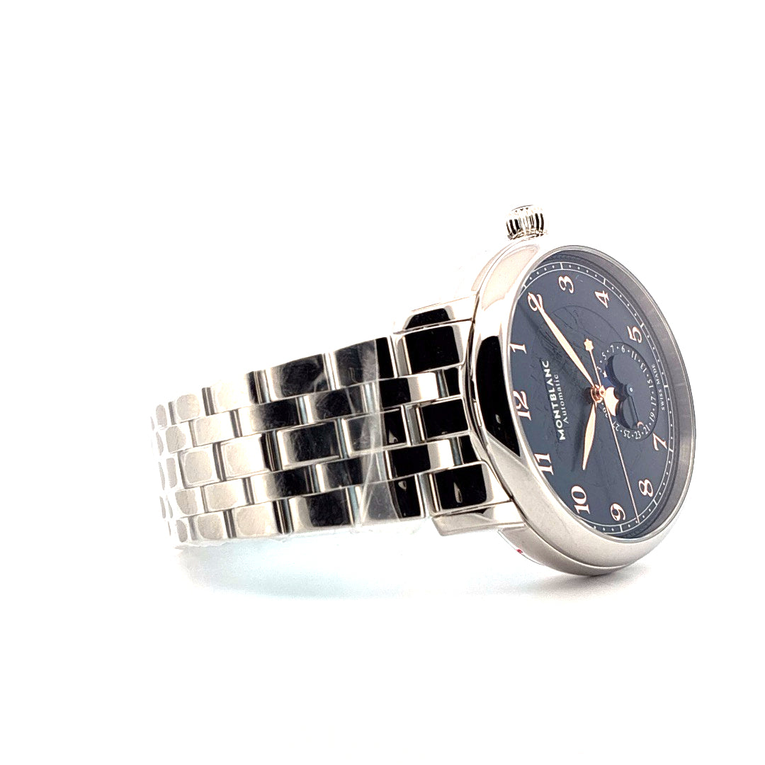 Montblanc Star Legacy 1786: Edelstahl-Uhr mit blauem Zifferblatt und Mondphasenanzeige, Armband aus Edelstahl, Seitenansicht