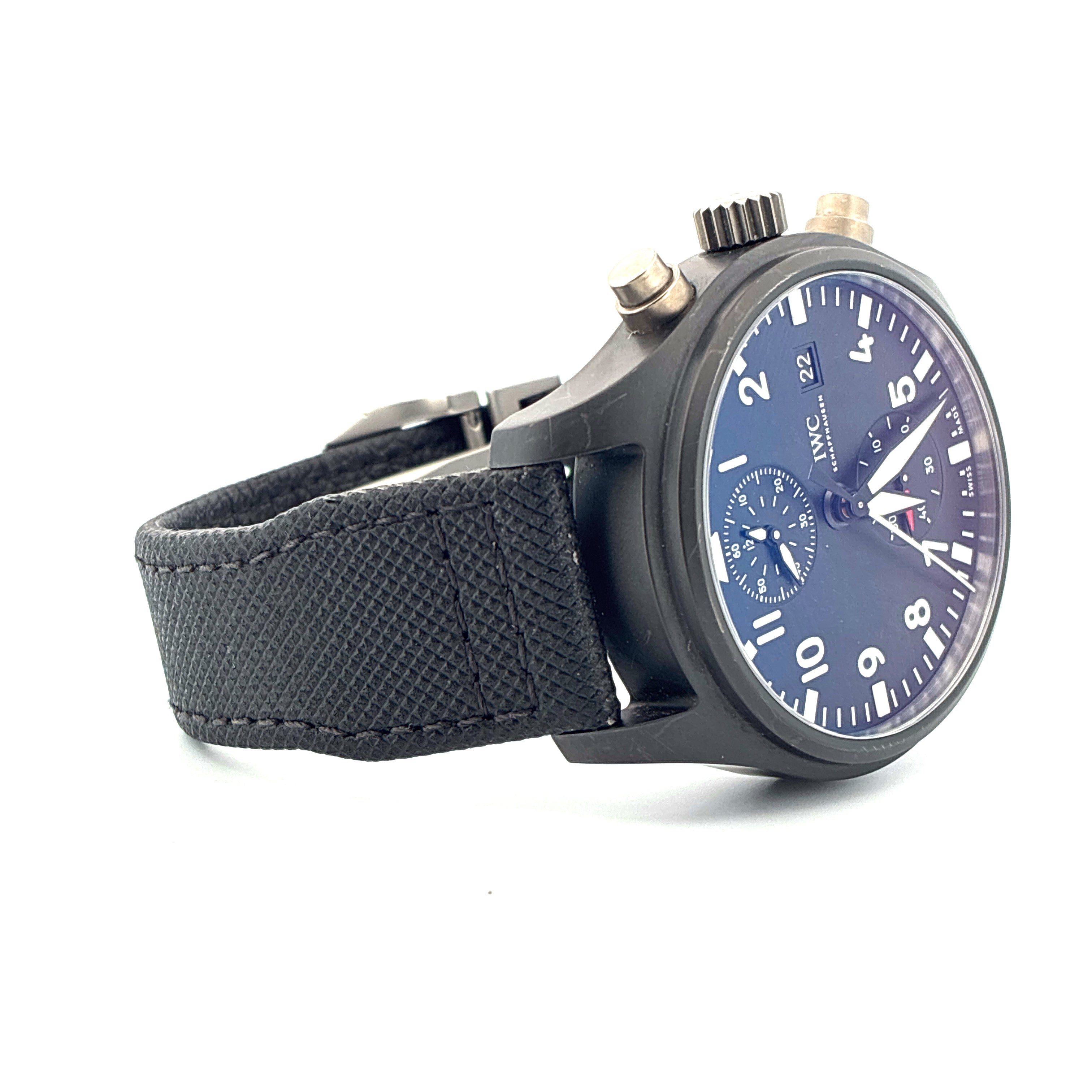 IWC Pilot's Watch Chronograph Top Gun aus schwarzer Keramik mit blauem Zifferblatt und schwarzem Textilband