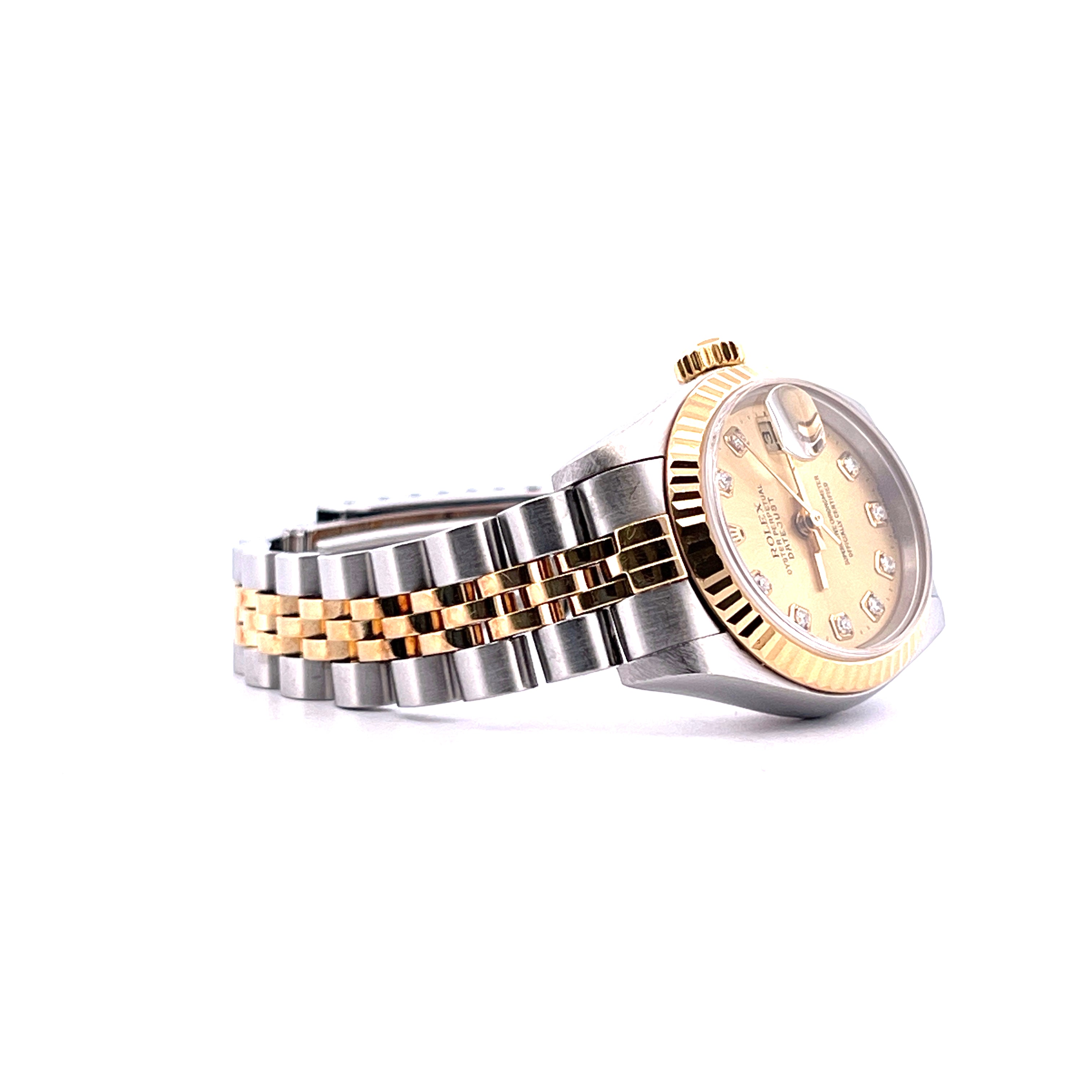 Rolex Lady-Datejust Bicolor mit 10 Diamant-Indizes auf Champagnerzifferblatt im Seitenprofil