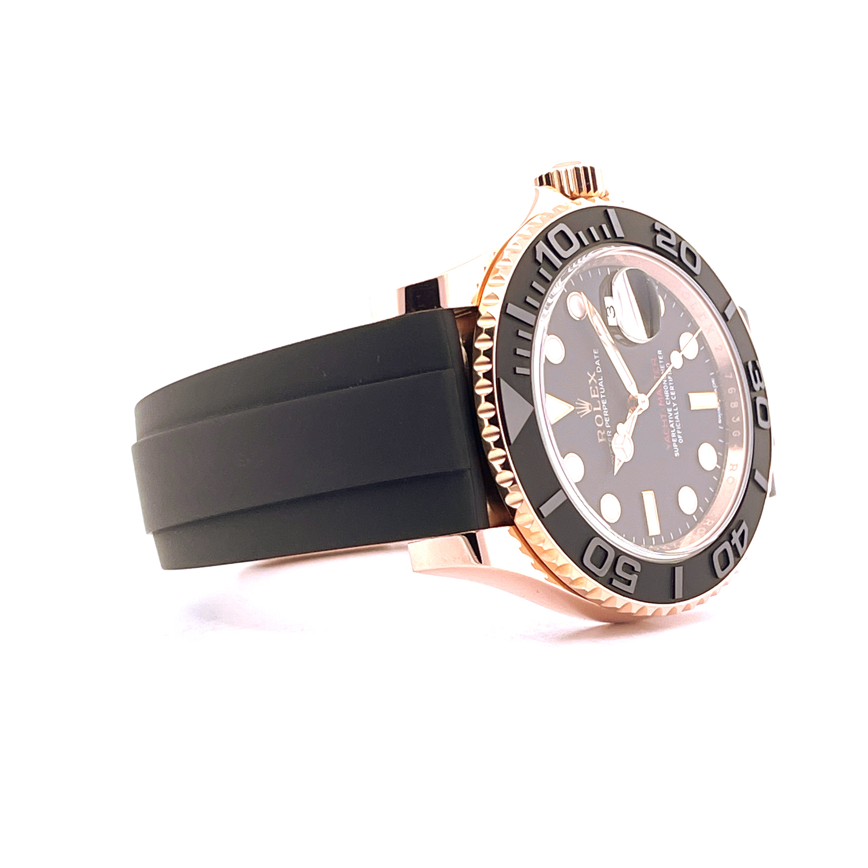 Rolex Yacht-Master 40 Roségold mit schwarzem Zifferblatt und Kautschukarmband