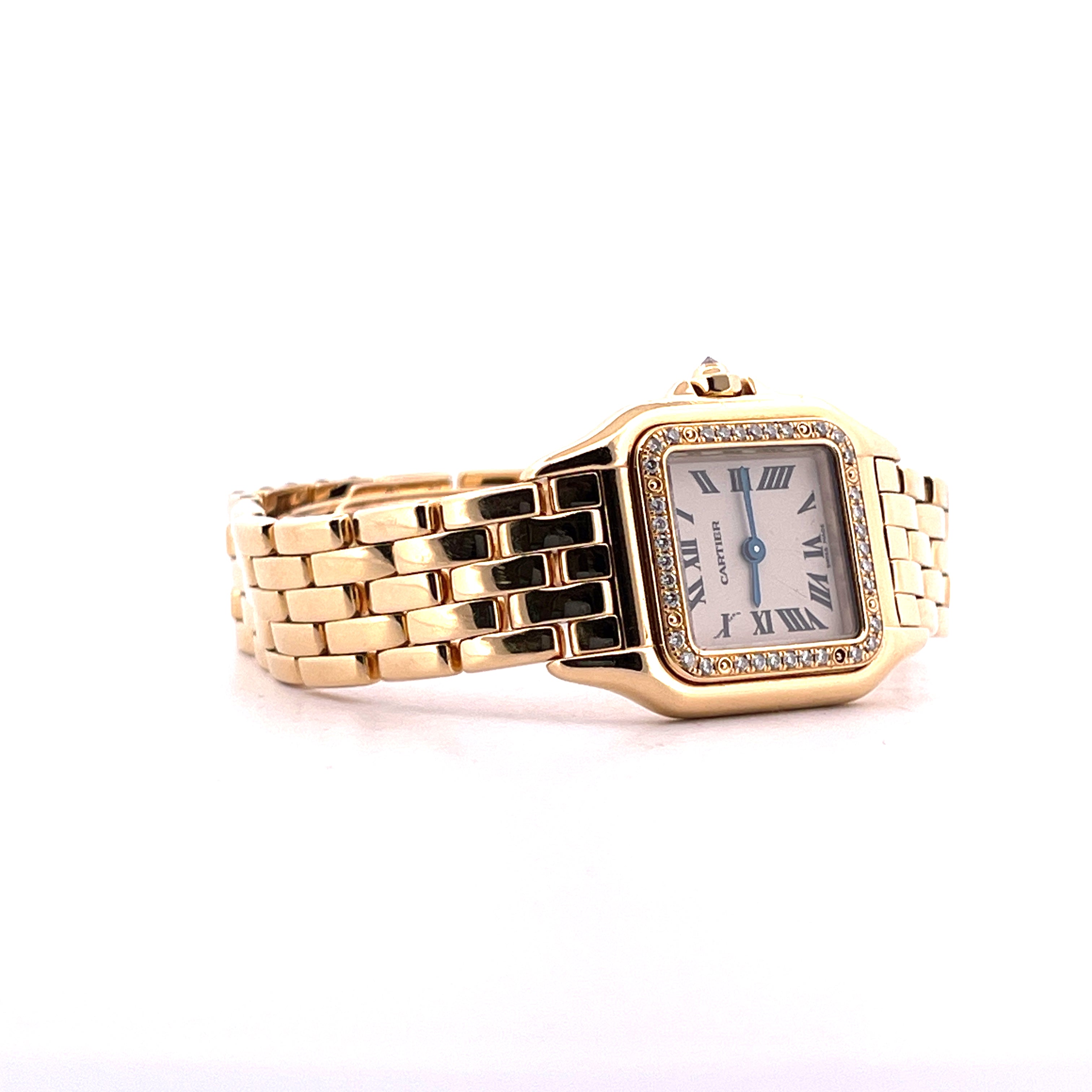 Cartier Panthere 22mm (1985) Gelbgolduhr mit Diamanten besetzter Lünette von der Seite