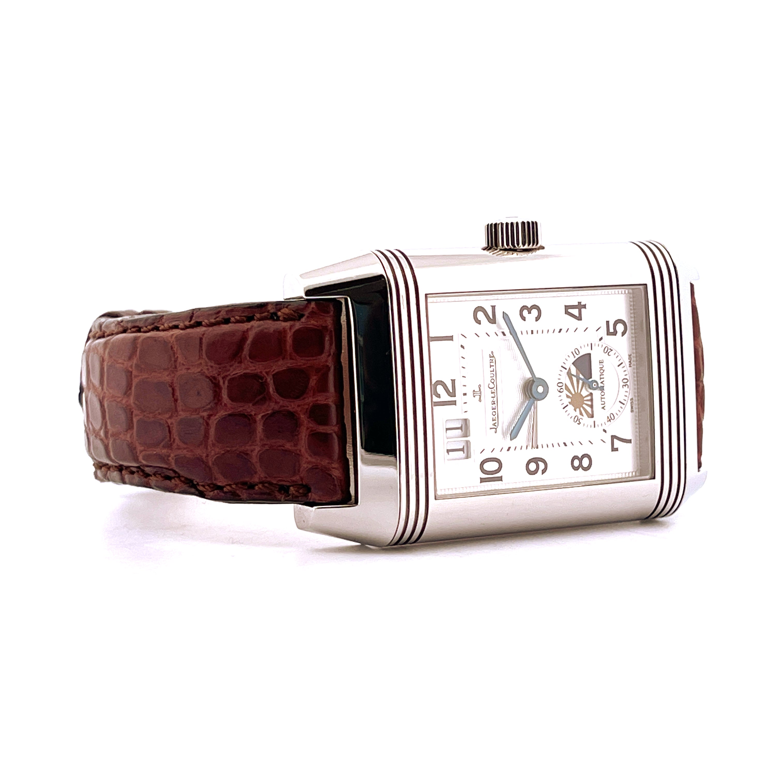 Jaeger-LeCoultre Reverso Grande Panorama Date Moonphase aus Edelstahl mit braunem Lederarmband, seitliche Ansicht