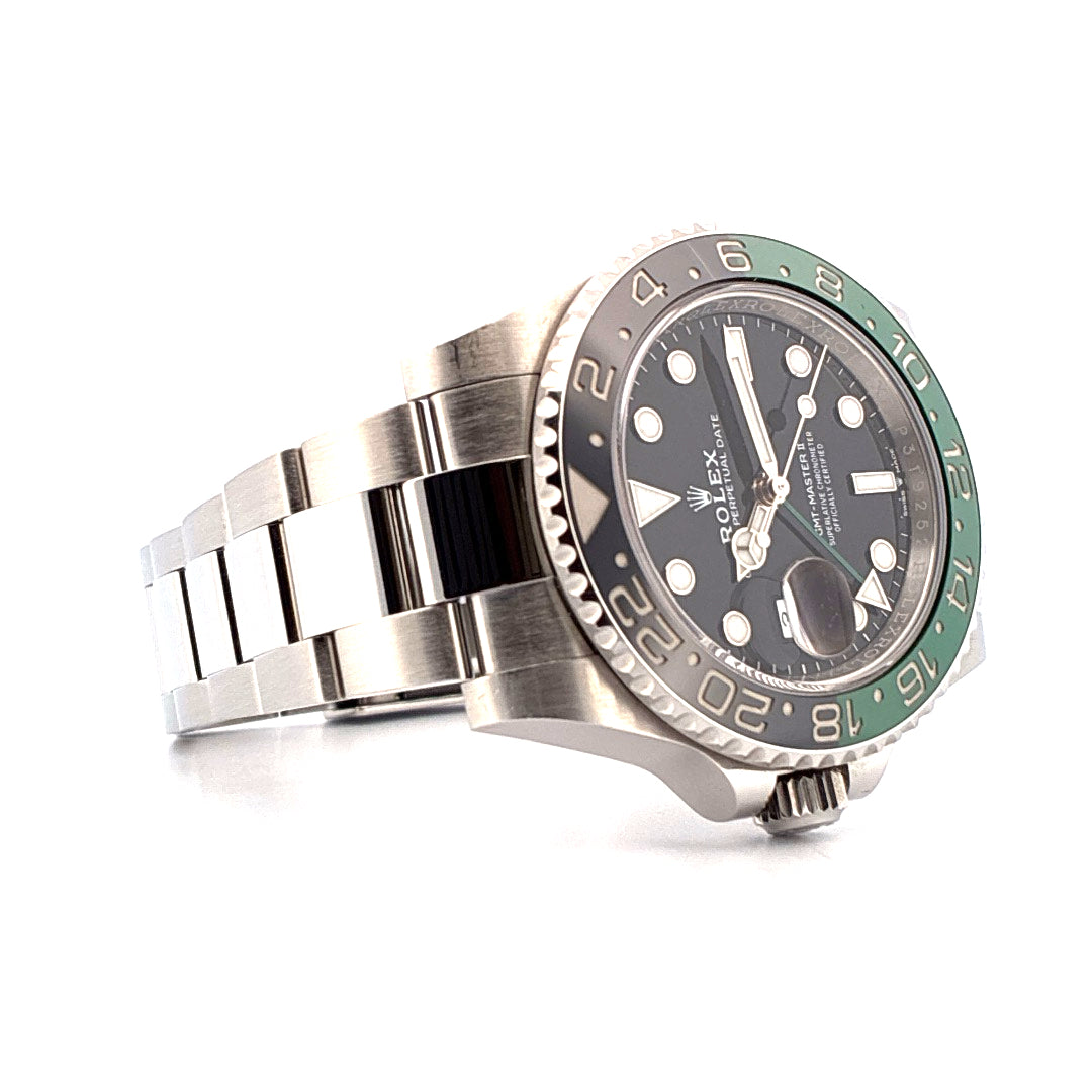 Rolex GMT-Master II Lefthand mit schwarzem Zifferblatt und grüne Keramiklünette im Seitenprofil