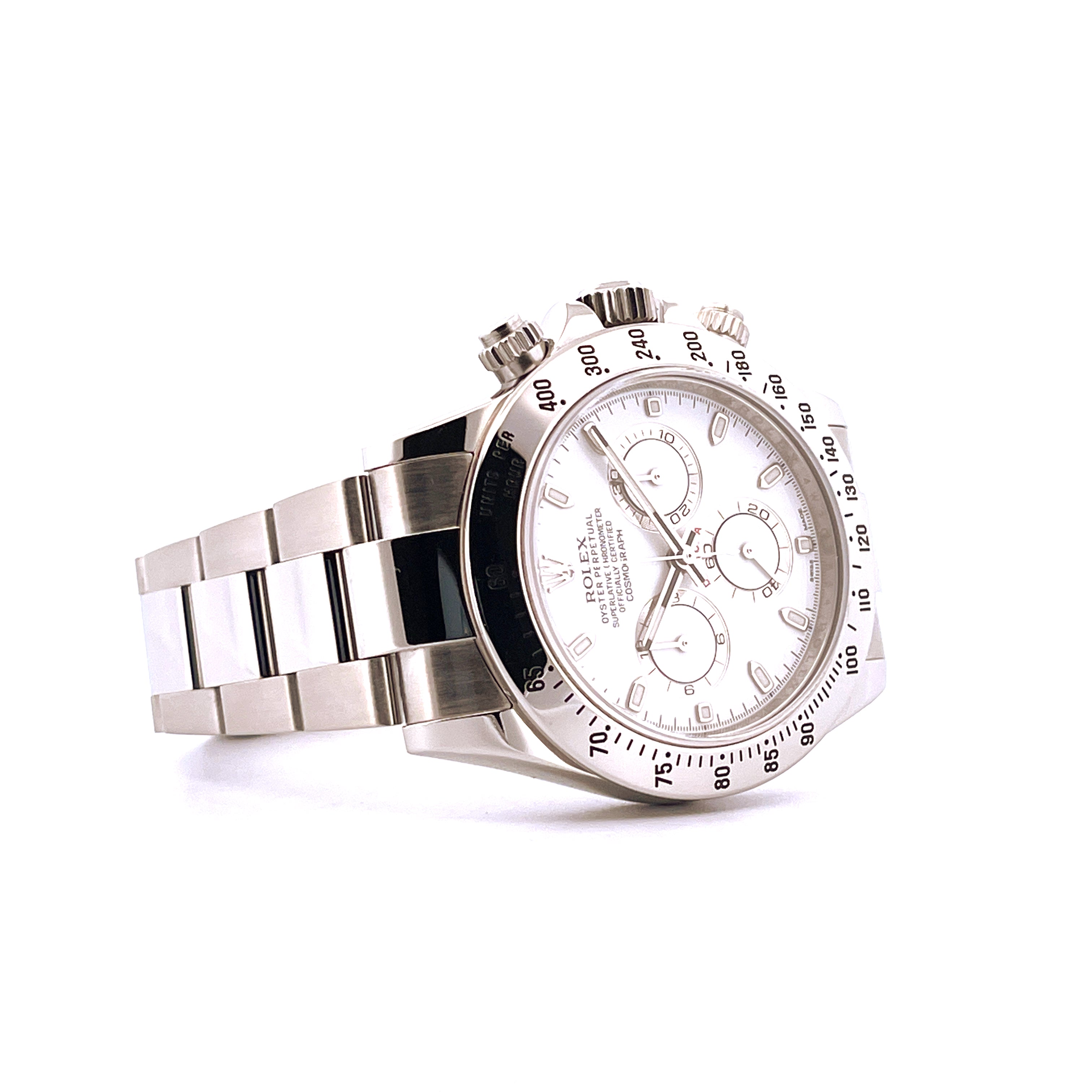 Rolex Daytona 116520 Edelstahl Automatik mit weißem Zifferblatt auf weißem Hintergrund