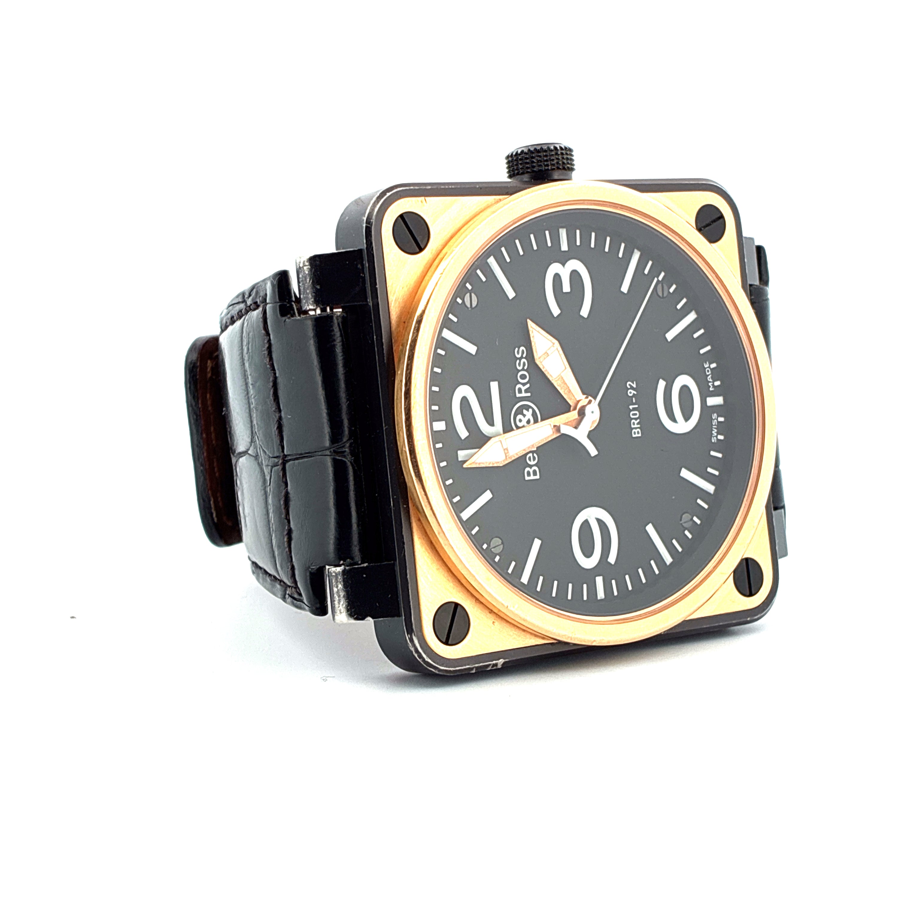 Bell & Ross Aviation Military Roségold und Stahl Automatik, schwarzes Zifferblatt, schwarzes Lederarmband