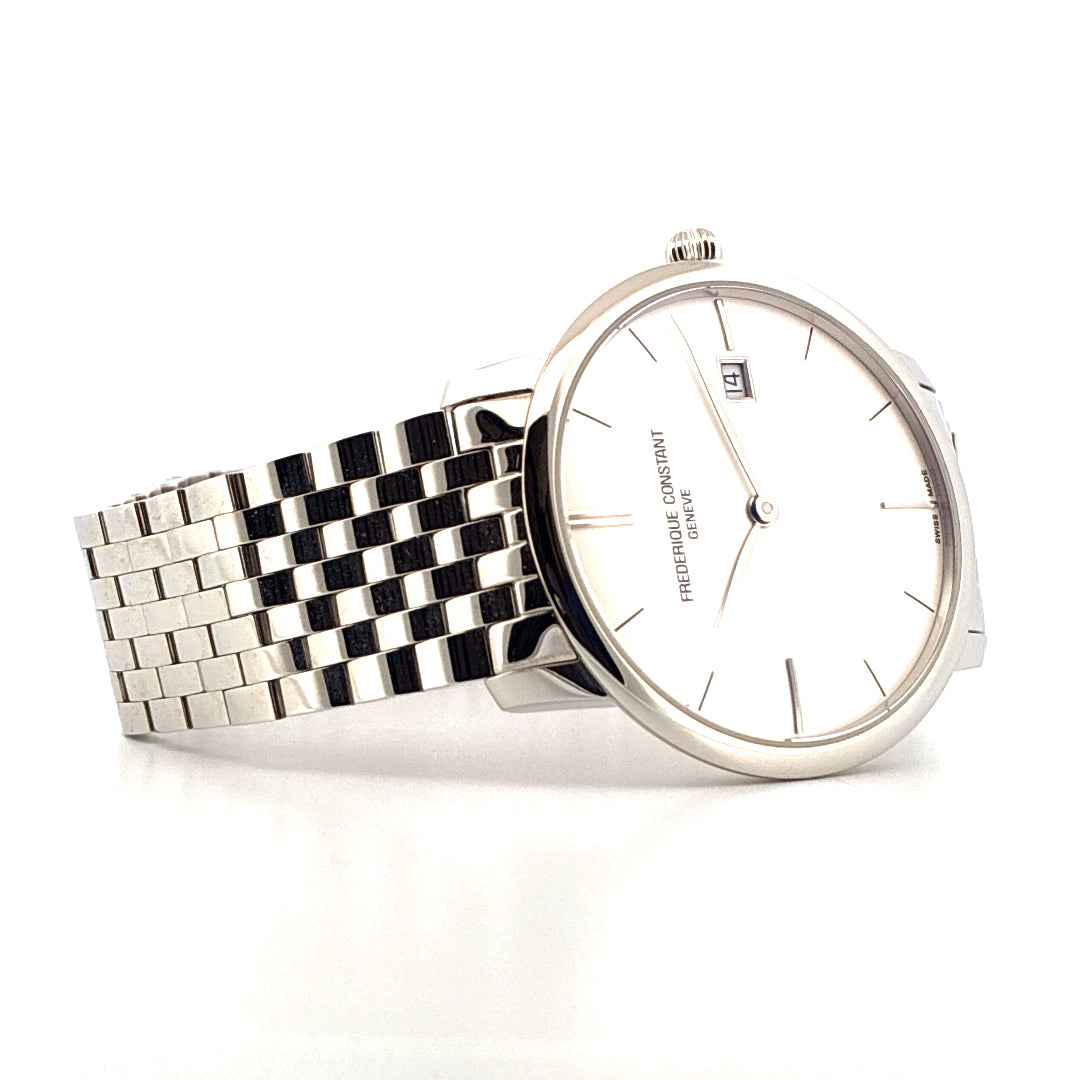 Frederique Constant Slim Line Automatic 2025 aus Edelstahl mit weißem Zifferblatt und silbernem Gliederarmband, Seitenansi…