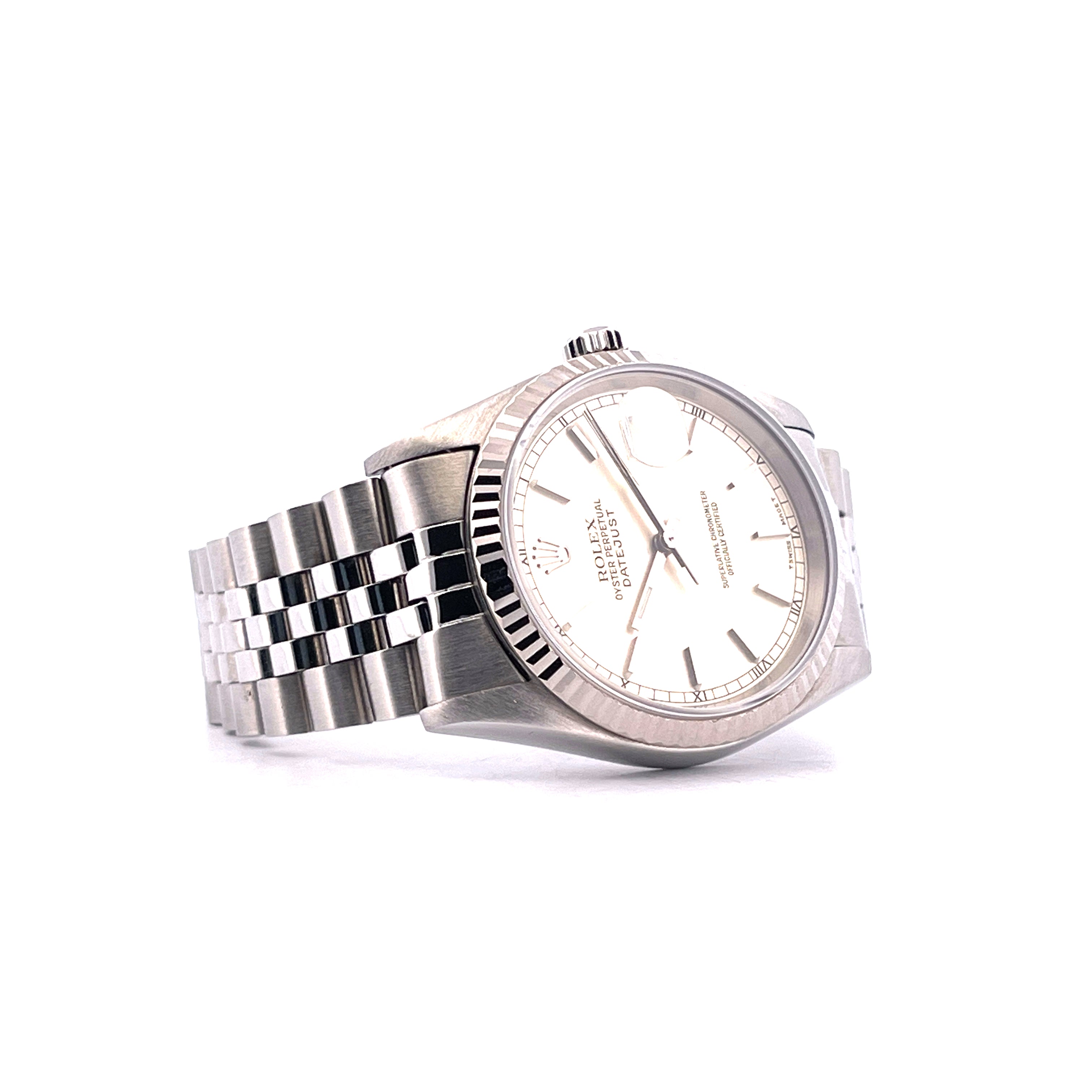Rolex Datejust 36 aus Edelstahl mit silbernem Zifferblatt und Jubilée-Armband aus Edelstahl auf Weiss
