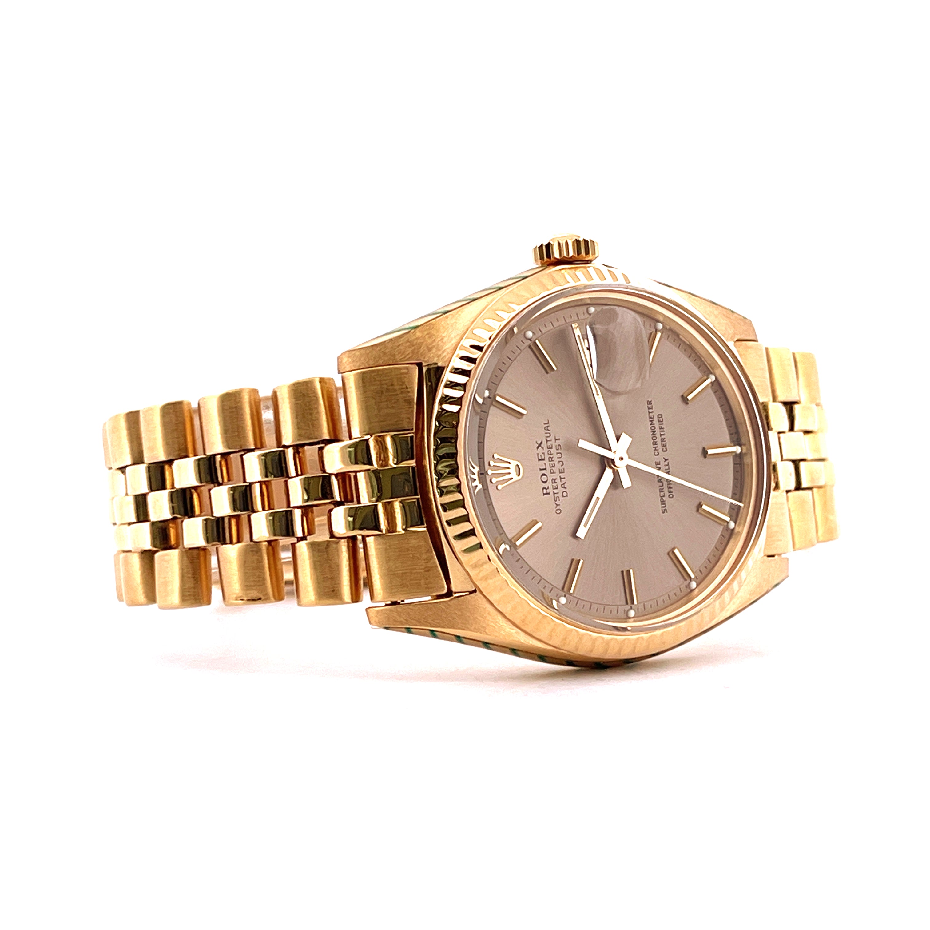 Rolex Datejust 36 Full Gold 1601 von 1968, Seitenansicht des Gelbgoldgehäuses und Jubilé-Armbands