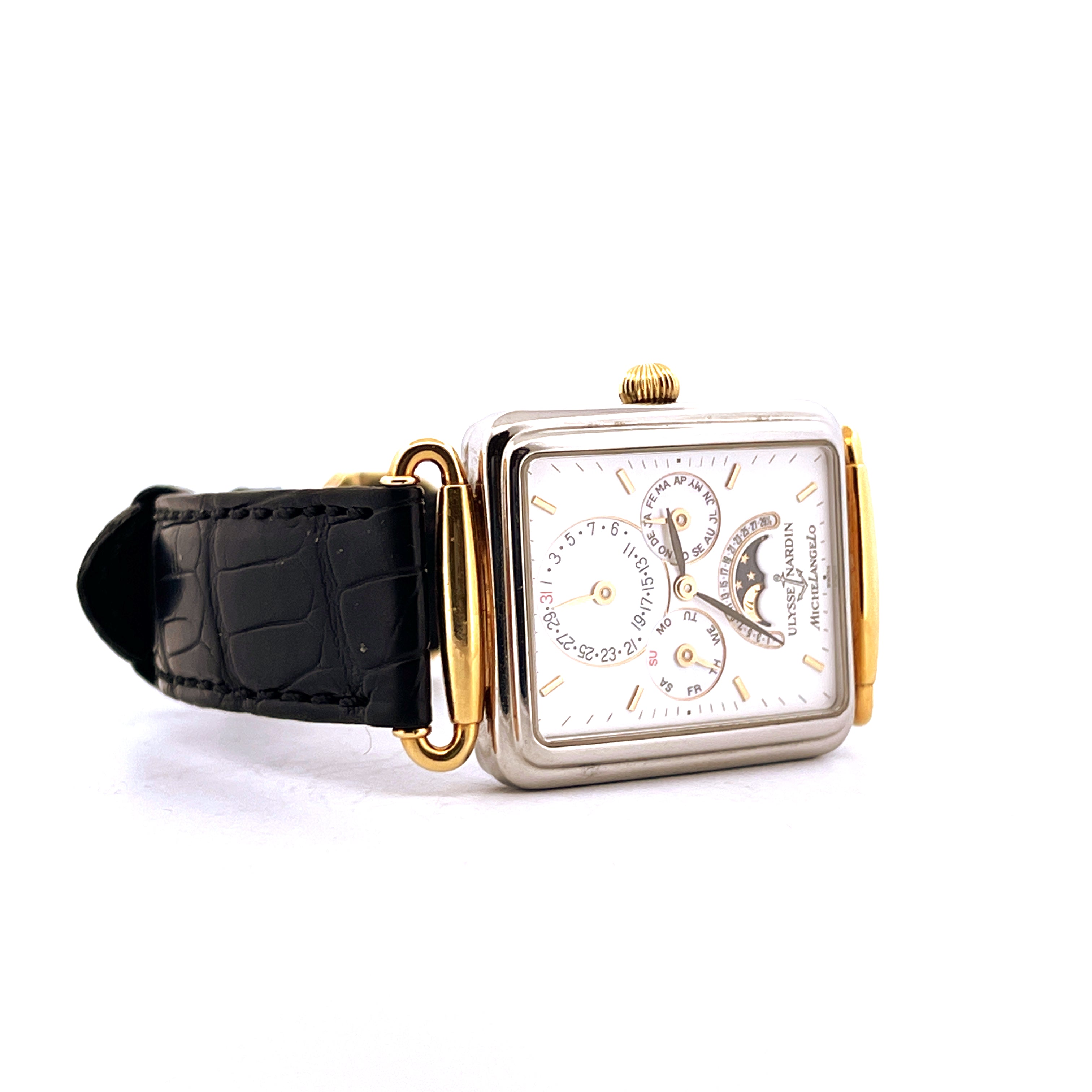 Ulysse Nardin Michelangelo Armbanduhr mit Datumsanzeige und Mondphase, Stahl-Gold-Gehäuse, Lederarmband