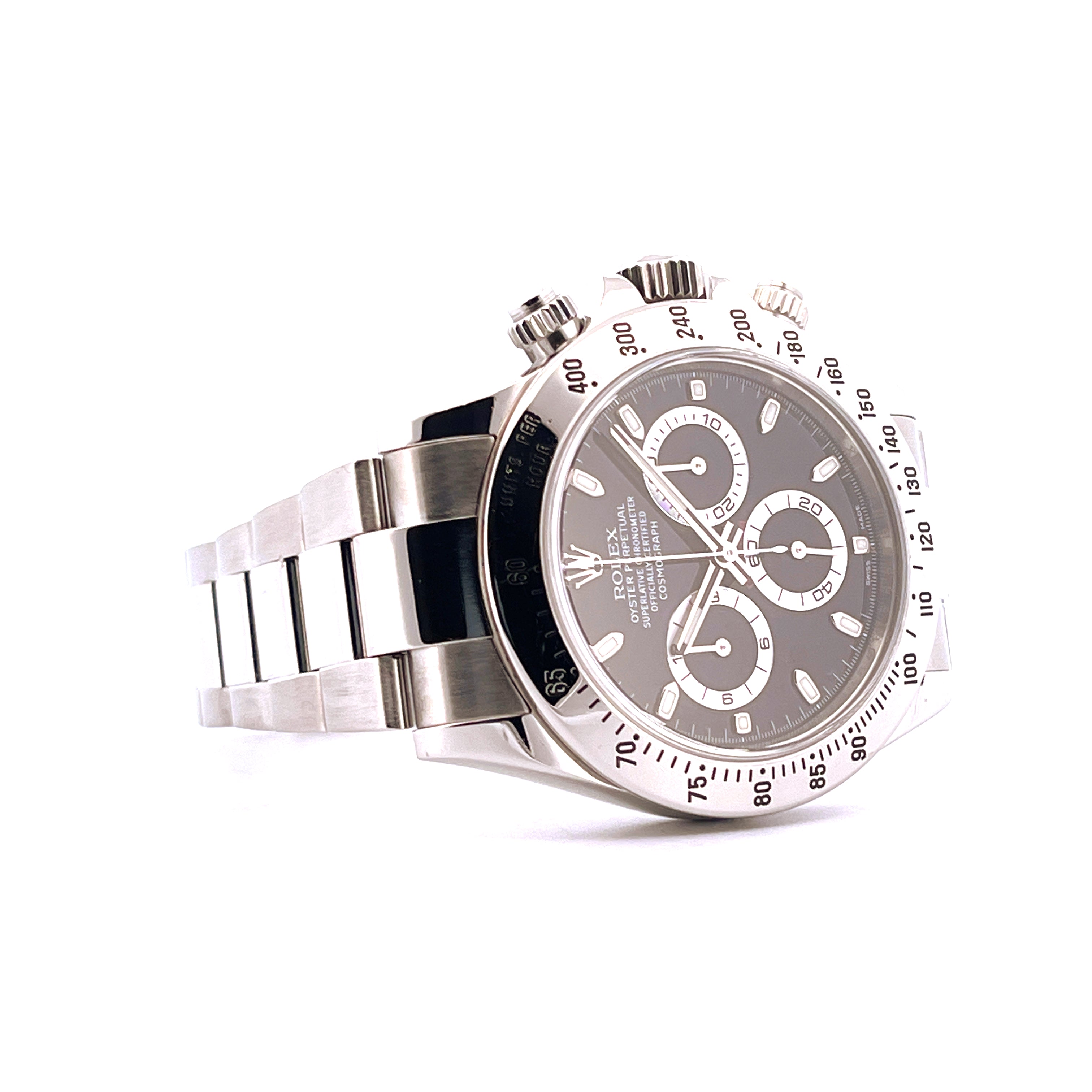 Rolex Daytona 116520 Black Automatik-Uhr mit Edelstahlgehäuse und Armband aus der Seitenansicht