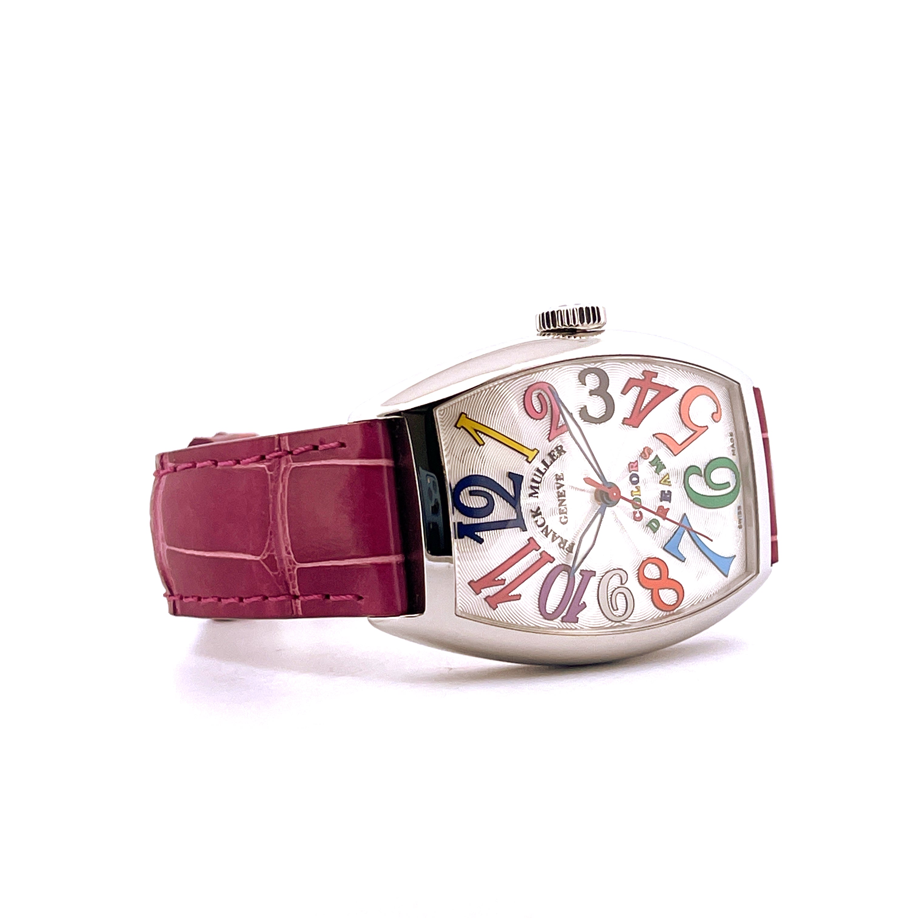 Franck Muller Cintree Curvex Color of Dreams Stahl Automatik mit bunten Ziffern und pinkem Lederband