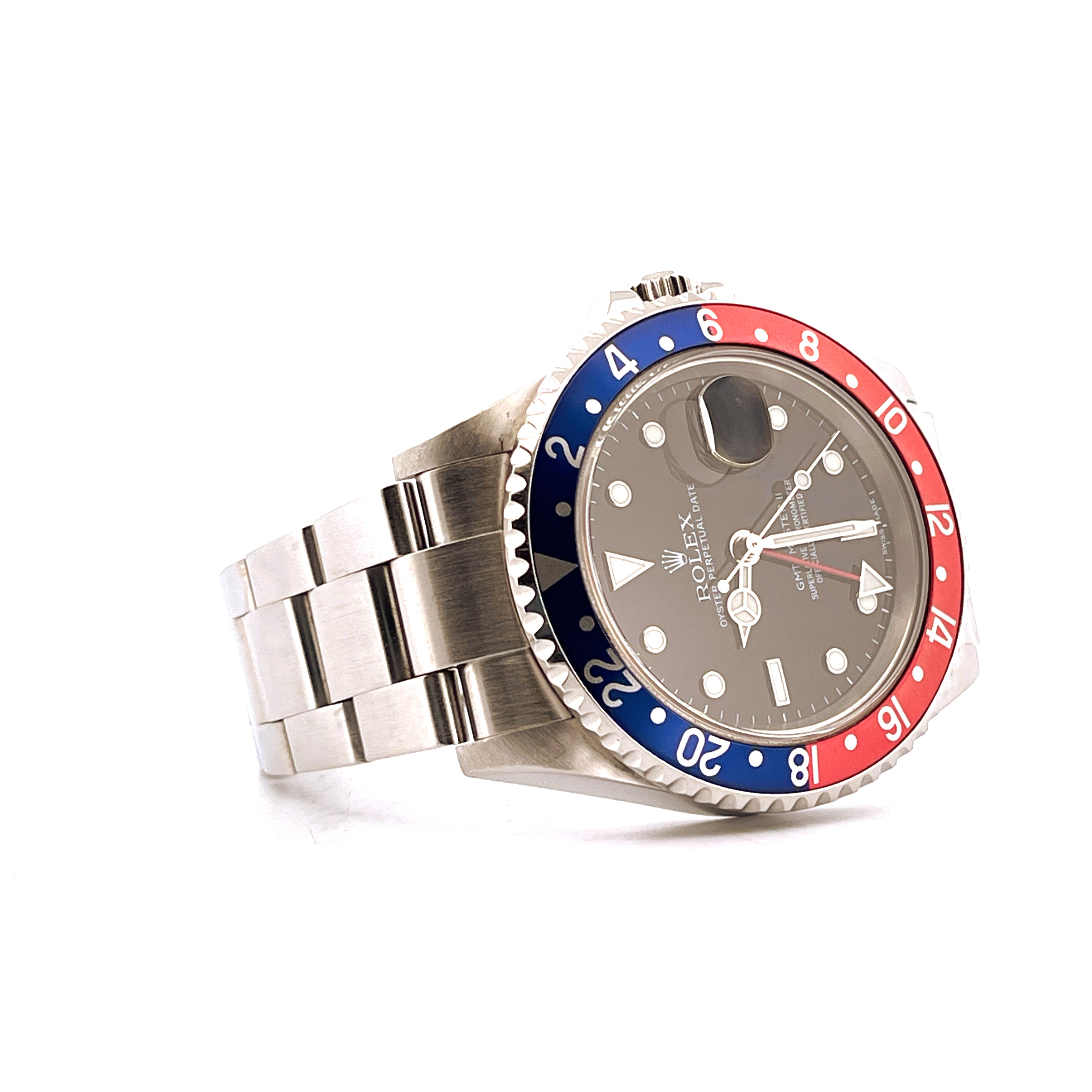 Rolex GMT-Master II 16710T Stahl, drehbar rote/blaue Lünette, Graues Zifferblatt mit Stahlband