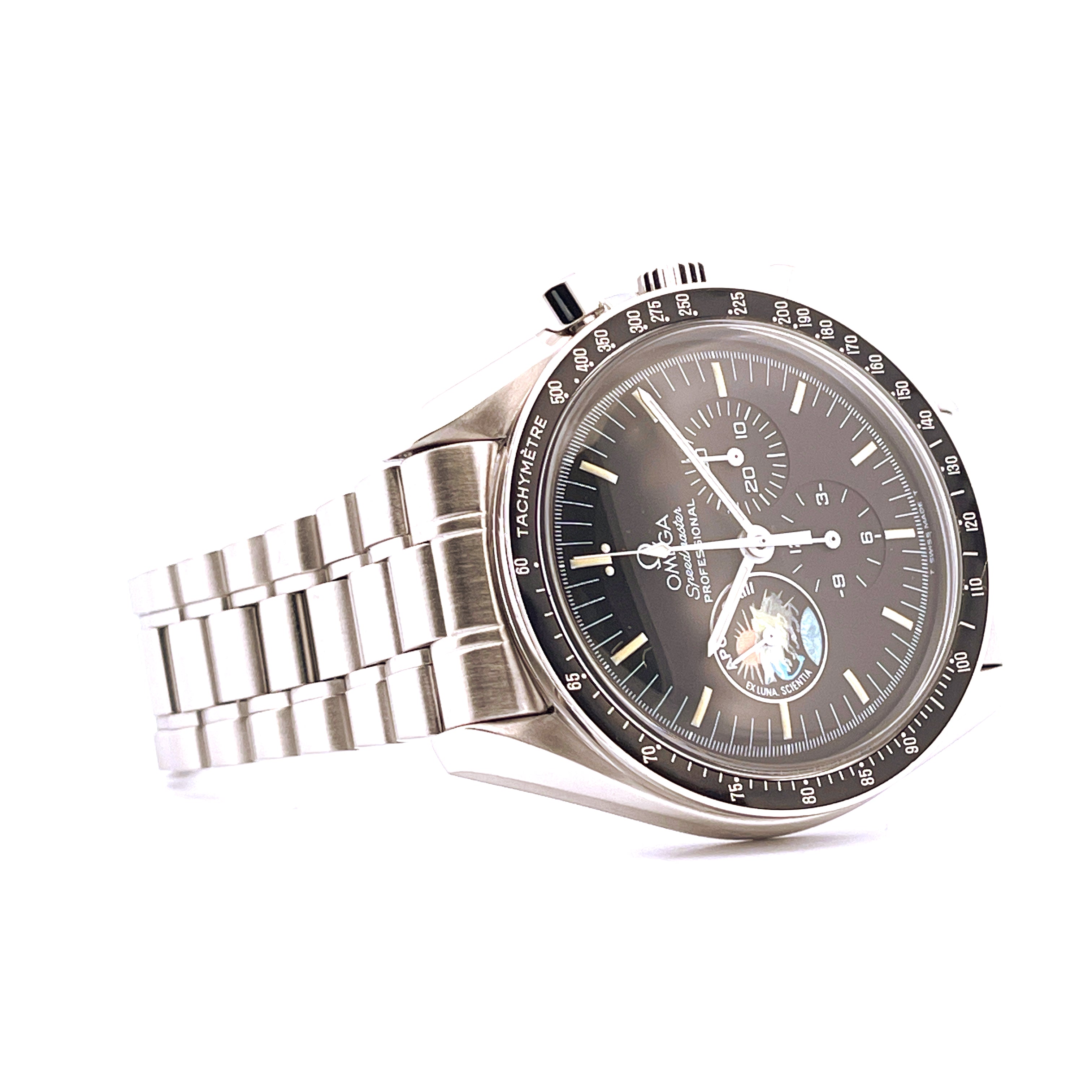 Omega Speedmaster Professional im Detail, Stahlarmband, schwarzes Zifferblatt mit Mondmotiv