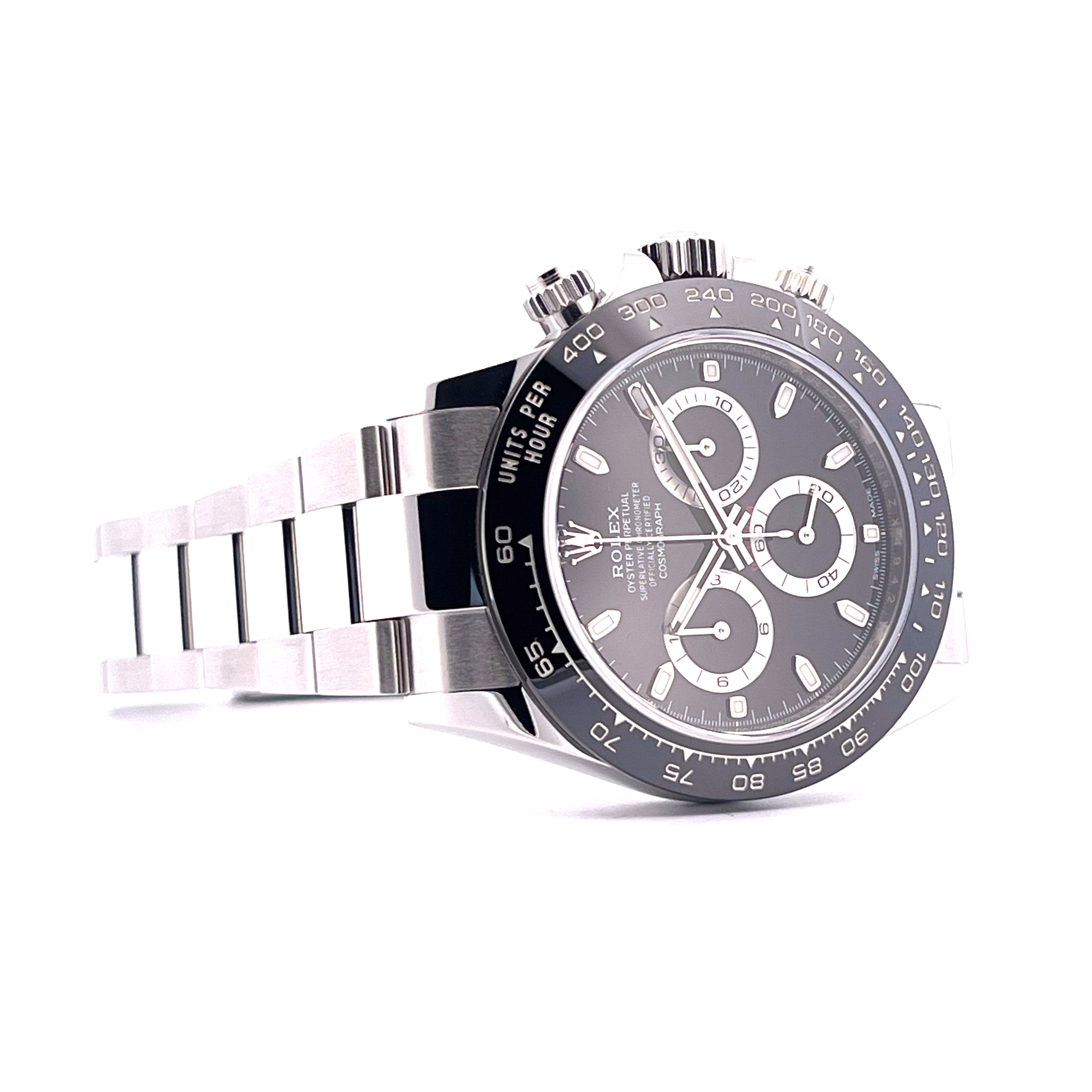 Rolex Daytona 116500LN aus Stahl, Automatik, 40 mm, mit silbernem Zifferblatt und schwarzer Keramiklünette, auf weißem Hintergrund, 2019