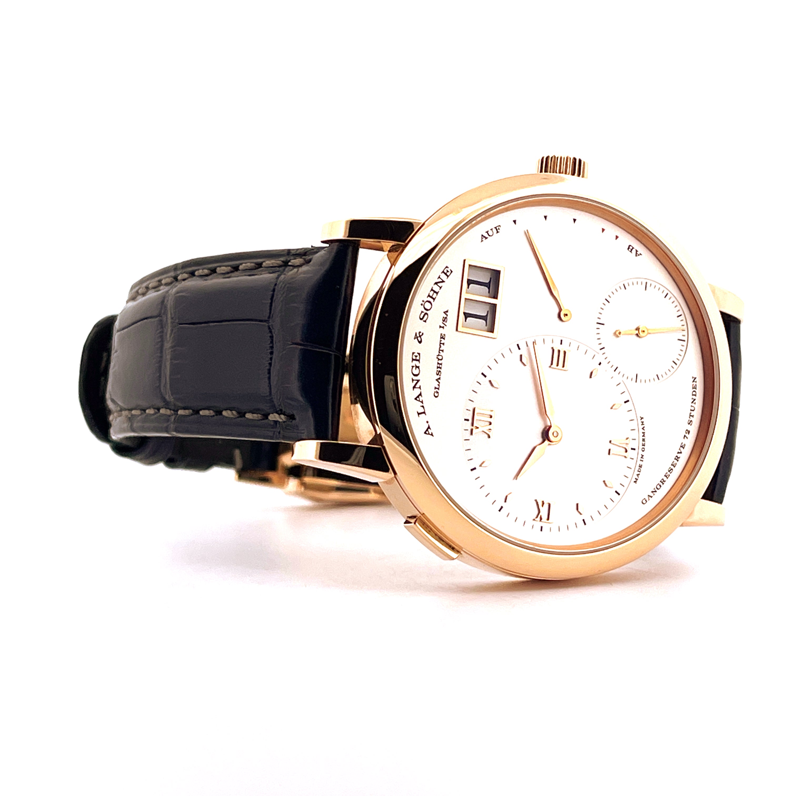 A. Lange & Söhne Grand Lange 1 Roségold Uhr mit schwarzem Lederarmband und silbernem Zifferblatt