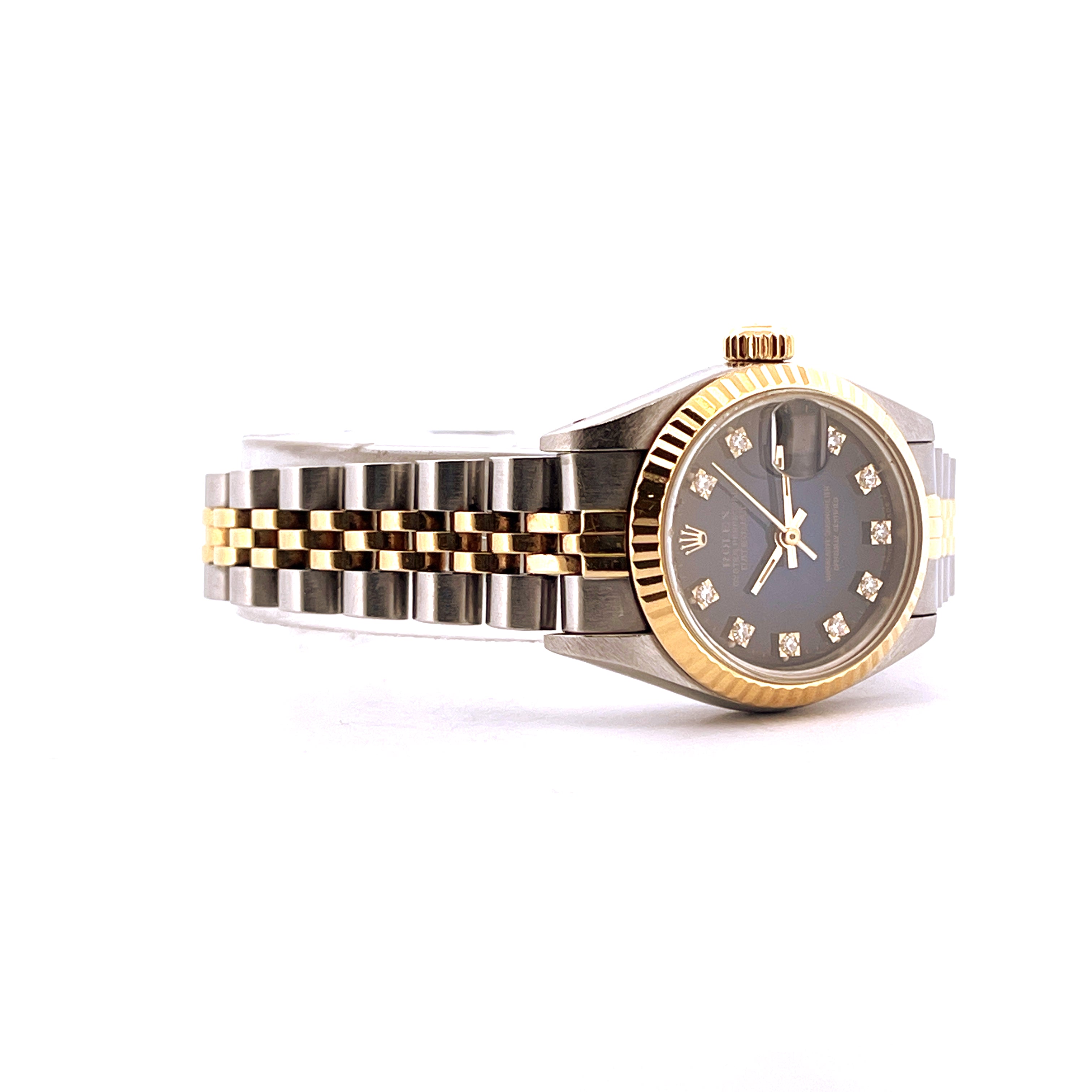 Rolex Lady-Datejust 26mm mit blauem Zifferblatt und Diamanten Gehäuse aus Gold/Stahl im Seitenprofil