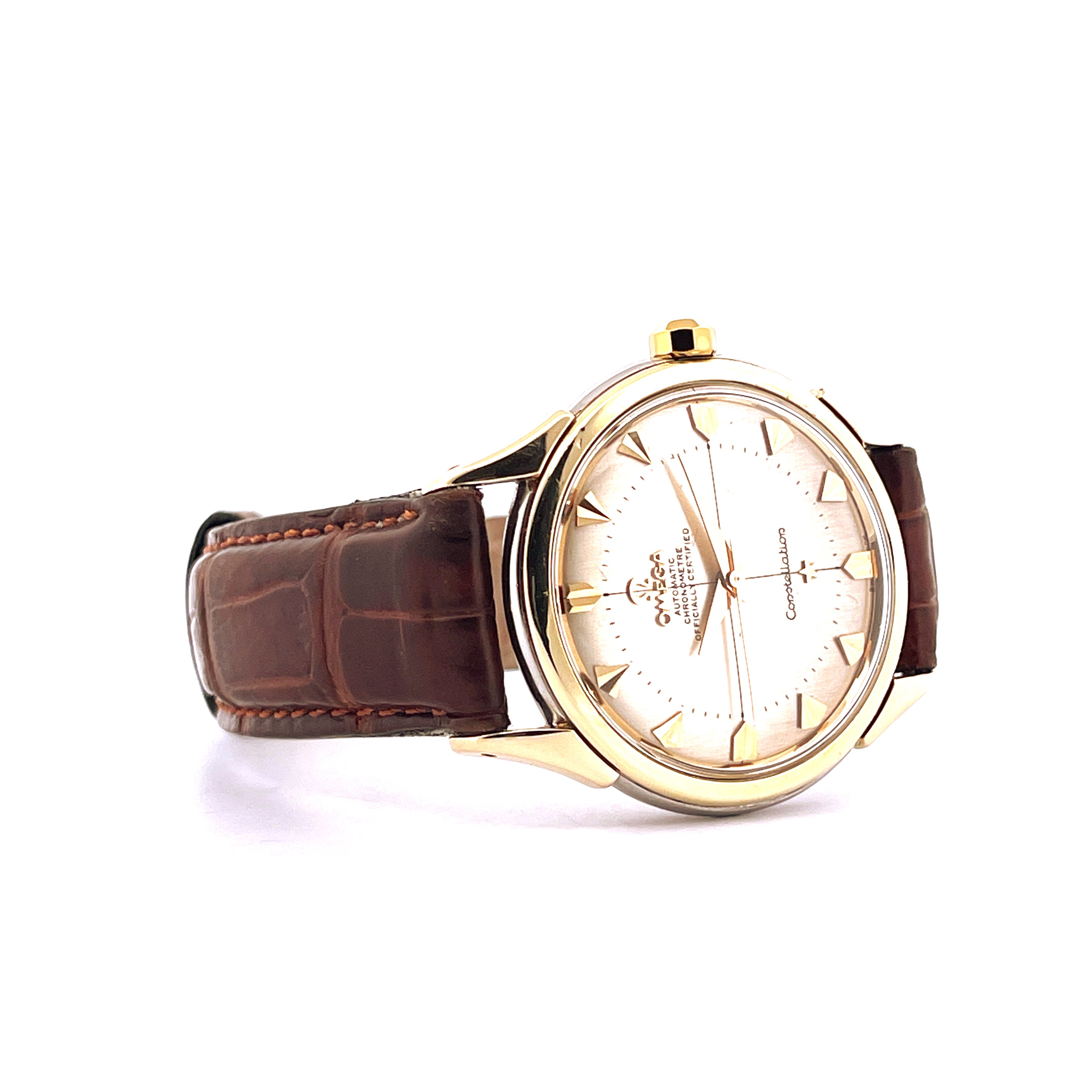Omega Constellation Pie Pan Stahl & Gold 1952 Automatik-Armbanduhr mit braunem Lederarmband