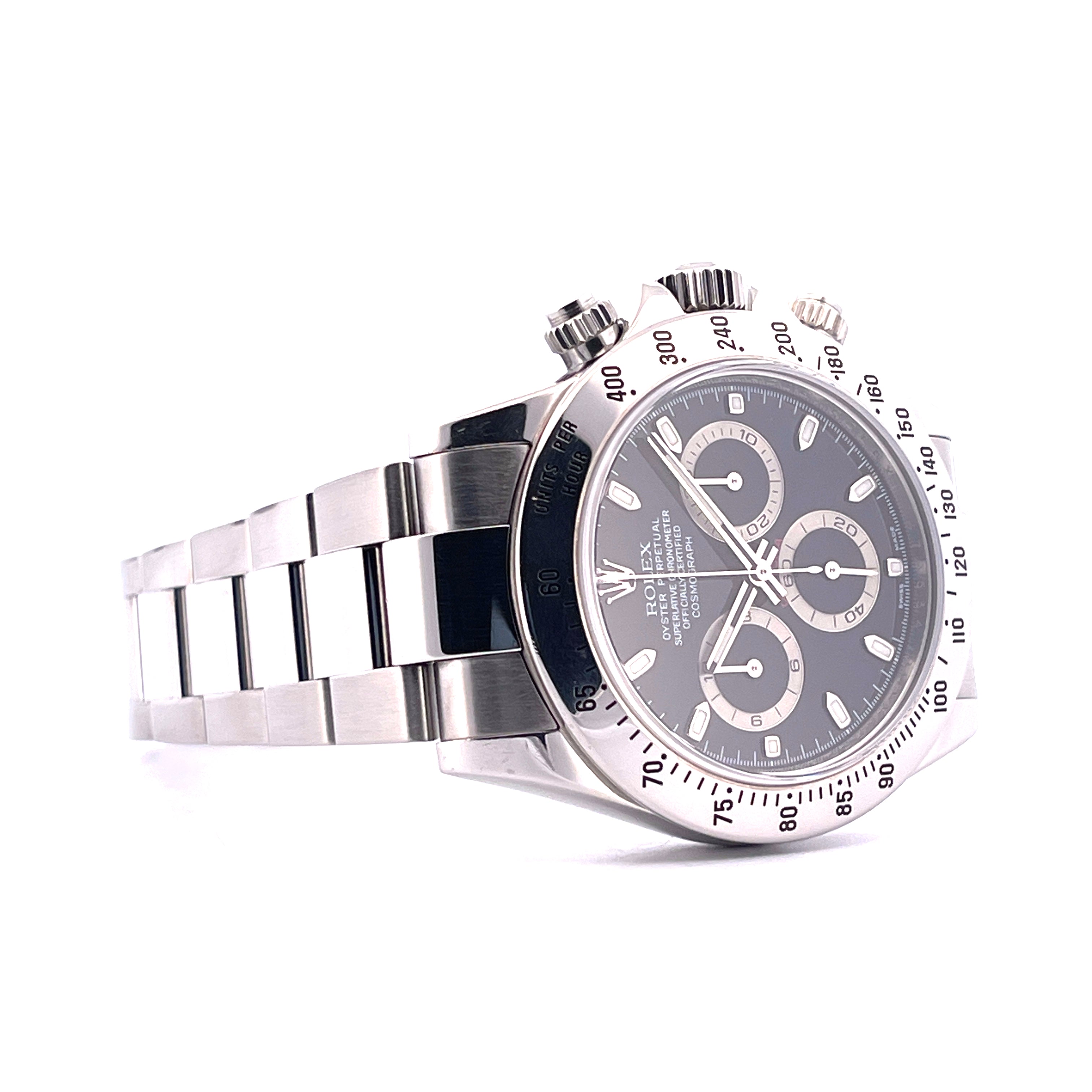 Rolex Daytona 116520 mit schwarzem Zifferblatt und Edelstahlarmband, aus dem Jahr 2009