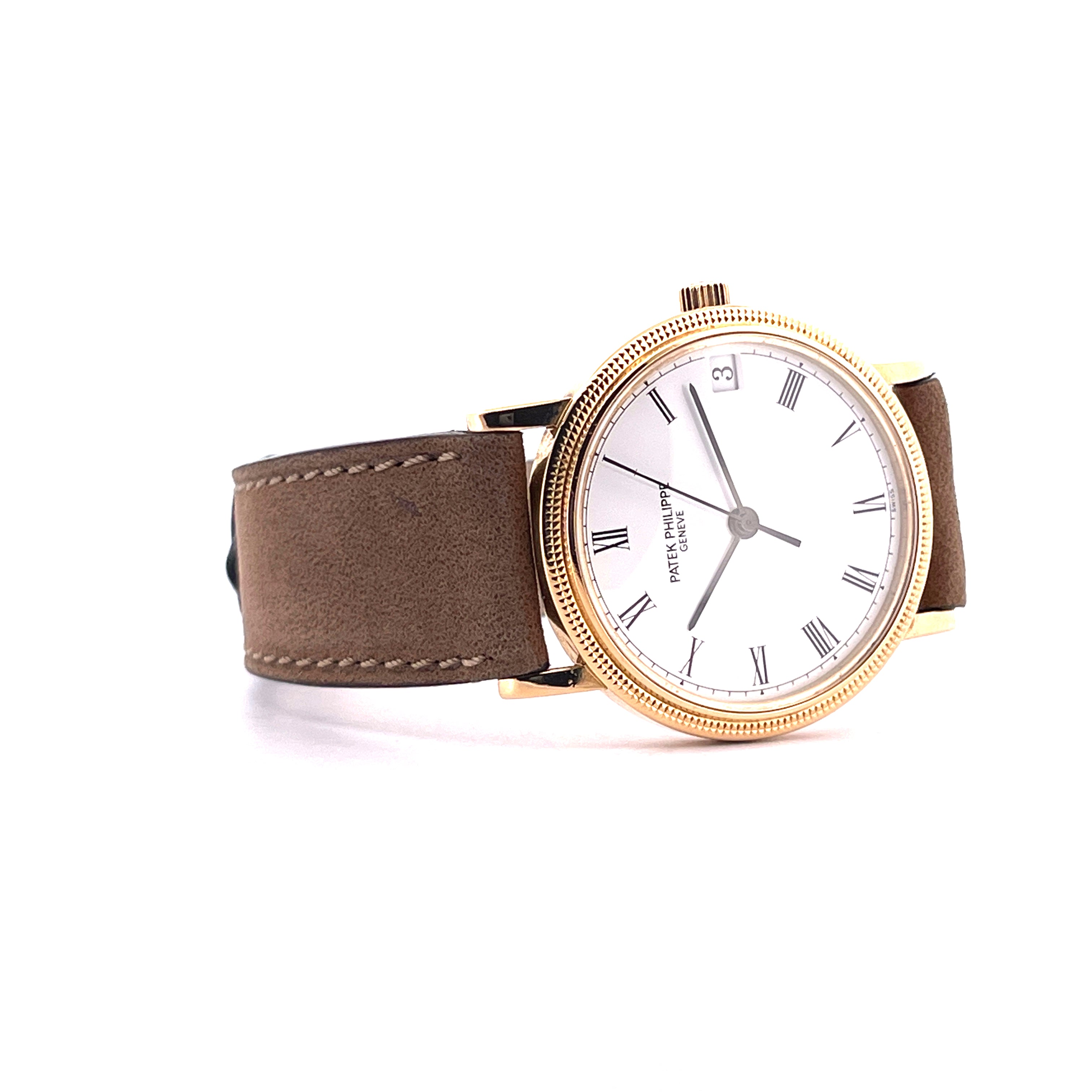 Patek Philippe Calatrava 3802 Gelbgold Automatik 33mm mit braunem Lederarmband