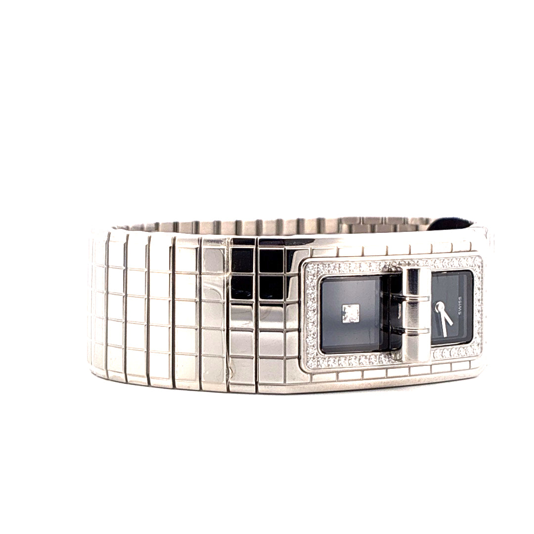 Chanel Code Coco mit Diamanten im Querformat aus Edelstahl mit schwarzem Zifferblatt und geflochtenem Armband