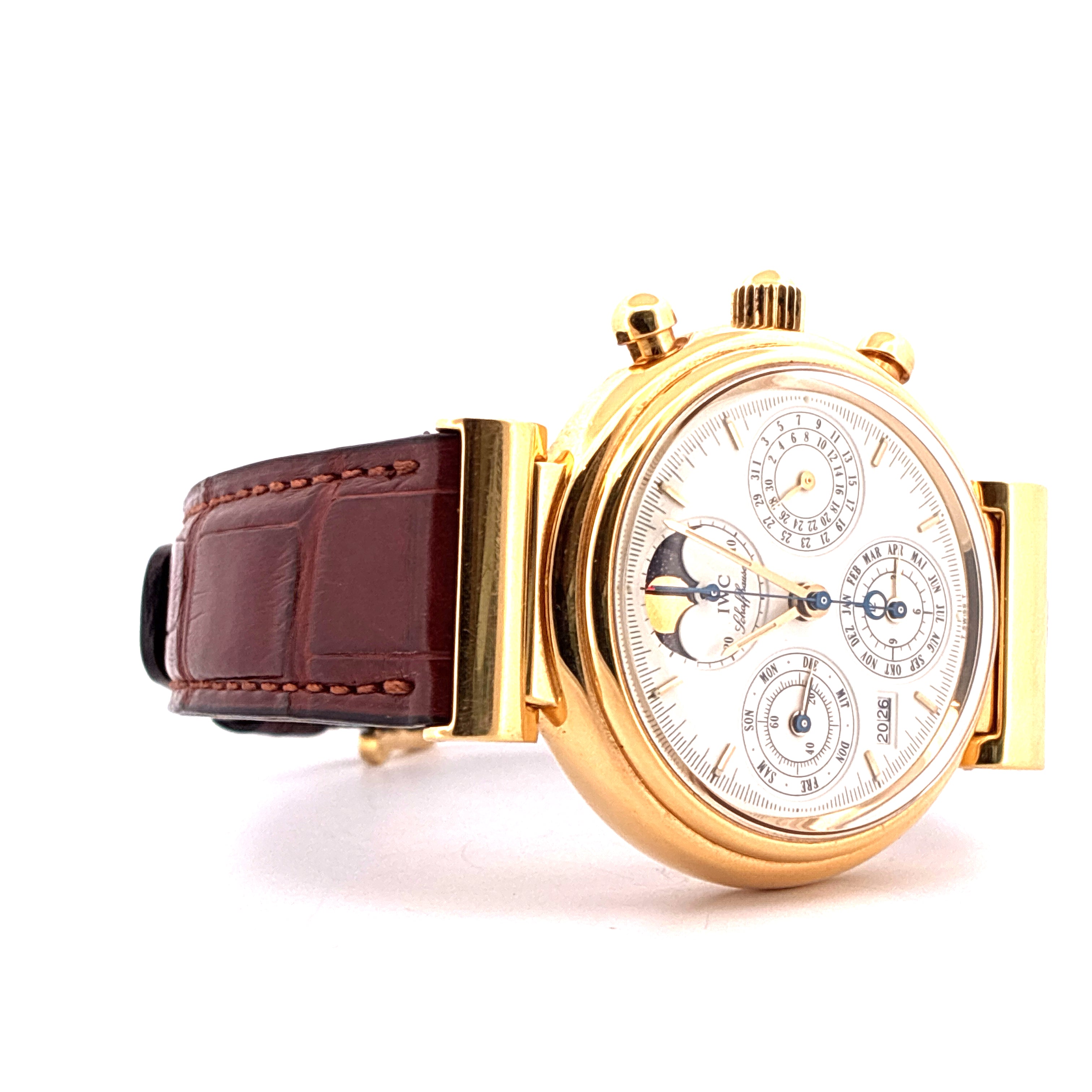 IWC Da Vinci Perpetual Calendar in Gelbgold mit braunem Lederarmband, Mondphasenanzeige und zwei Hilfszifferblättern