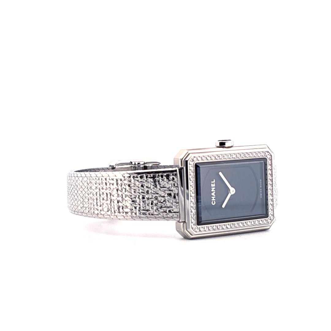 Chanel Boyfriend Uhr mit silbernem Armband und rechteckigem Gehäuse mit Diamantenbesatz