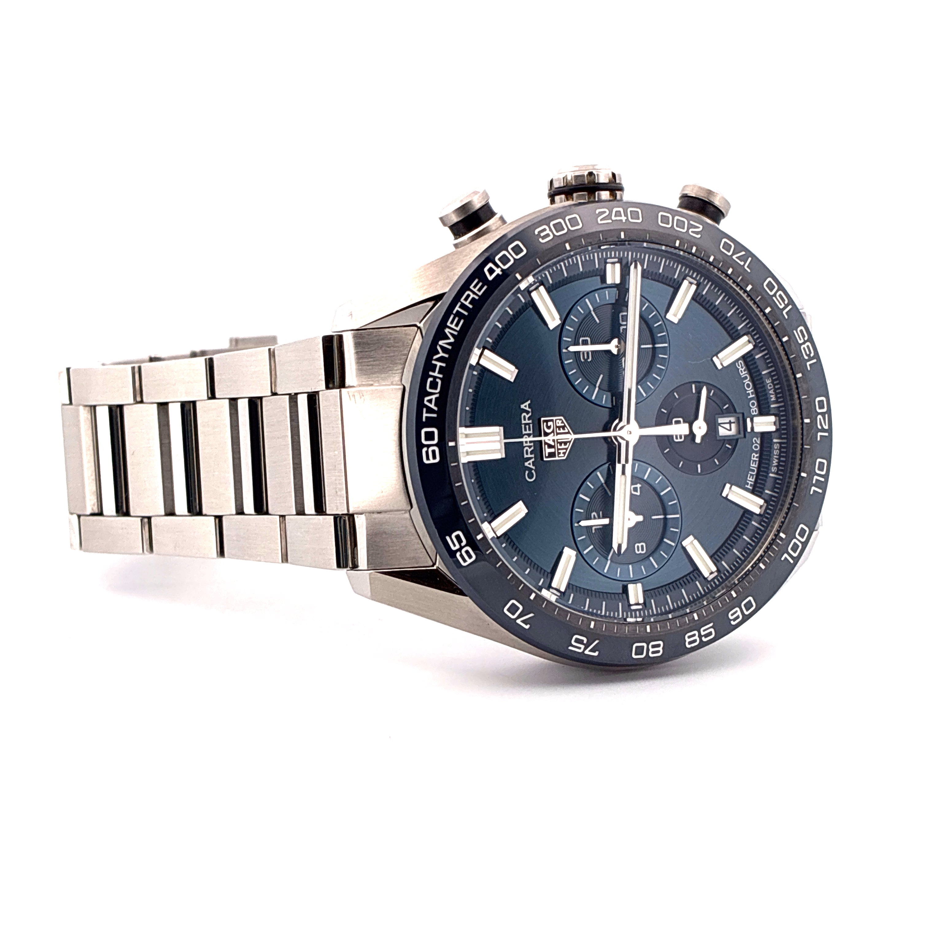 Tag Heuer Carrera Automatik Chronograph mit blauem Zifferblatt und Stahlband
