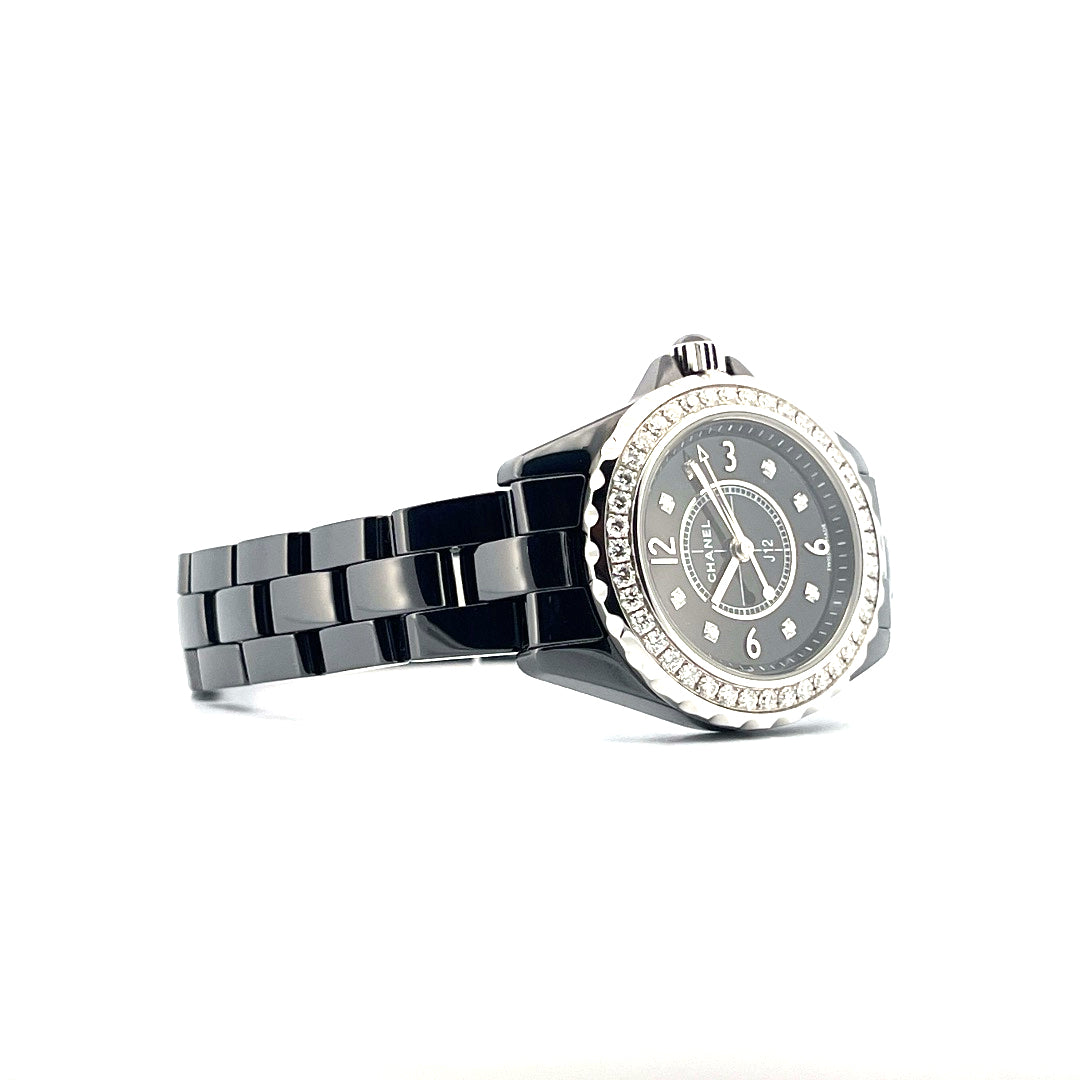 Chanel J12 29mm schwarze Keramikuhr mit Diamantlünette und schwarzem Keramikarmband