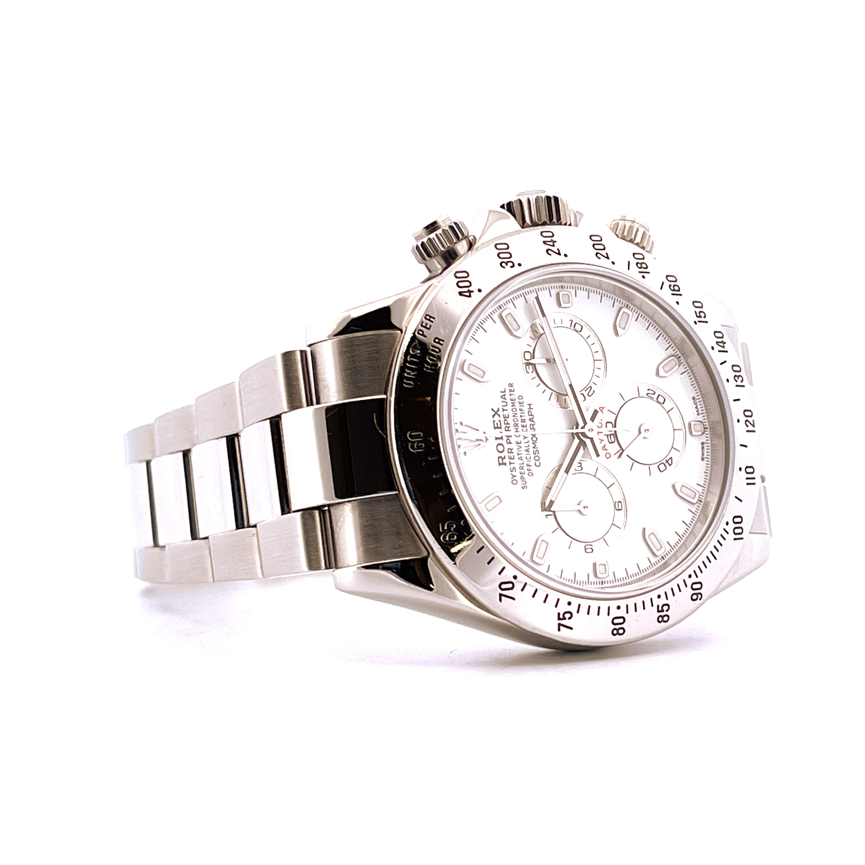 Rolex Daytona 116520 aus Edelstahl mit weißem Zifferblatt aus der Seitenansicht auf weißem Hintergrund