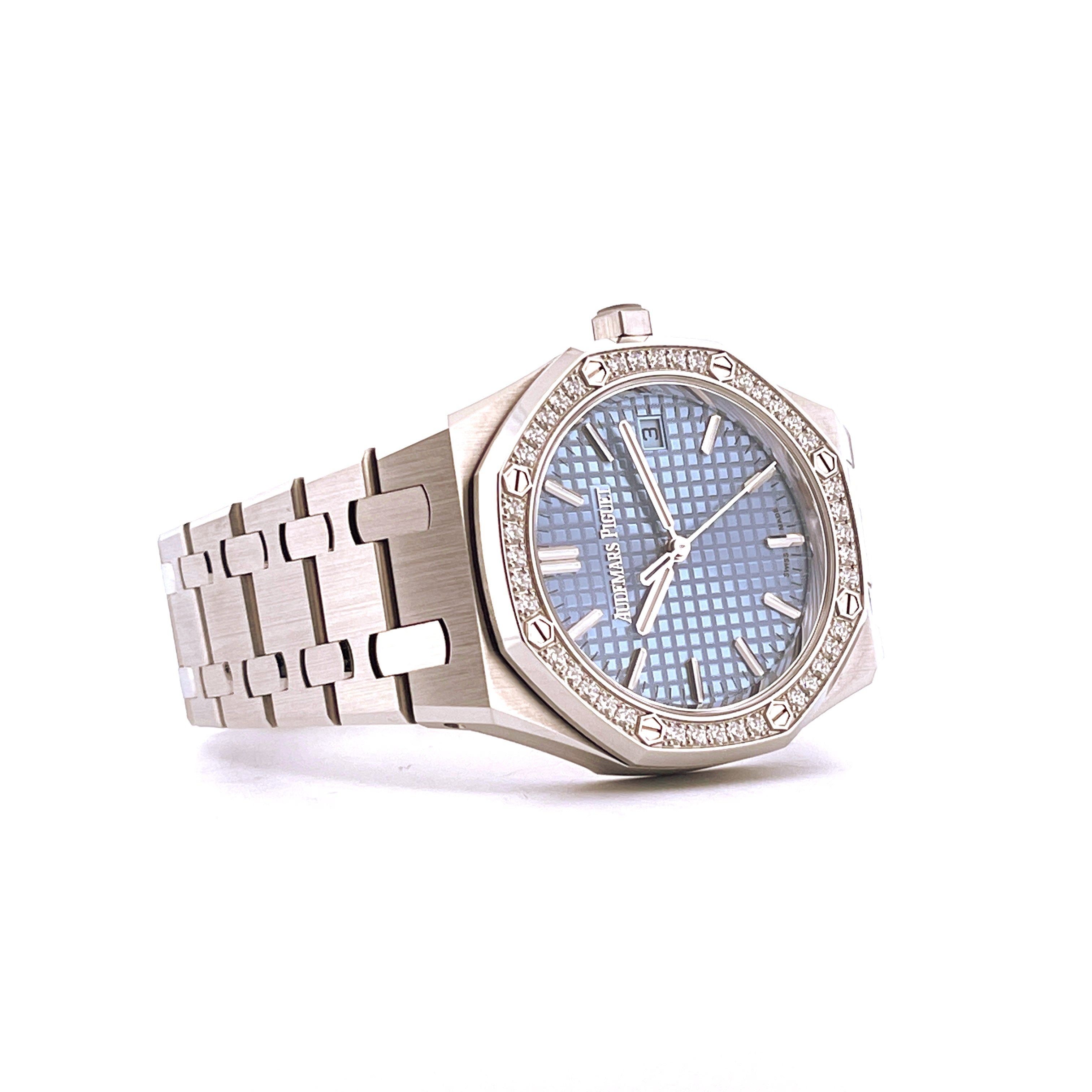 Audemars Piguet Royal Oak Selfwinding Ice Blue 34 mm Edelstahl Uhr mit Diamantlünette