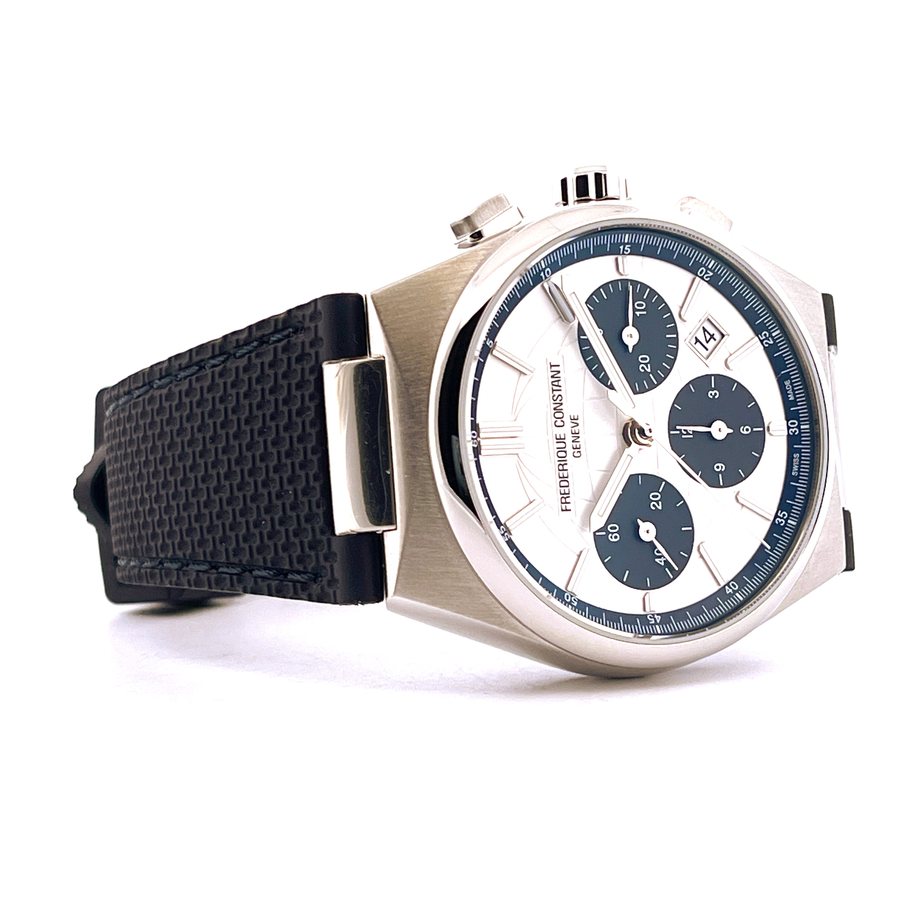 Frederique Constant Highlife Chronograph aus Edelstahl mit weißem Zifferblatt und schwarzem Band