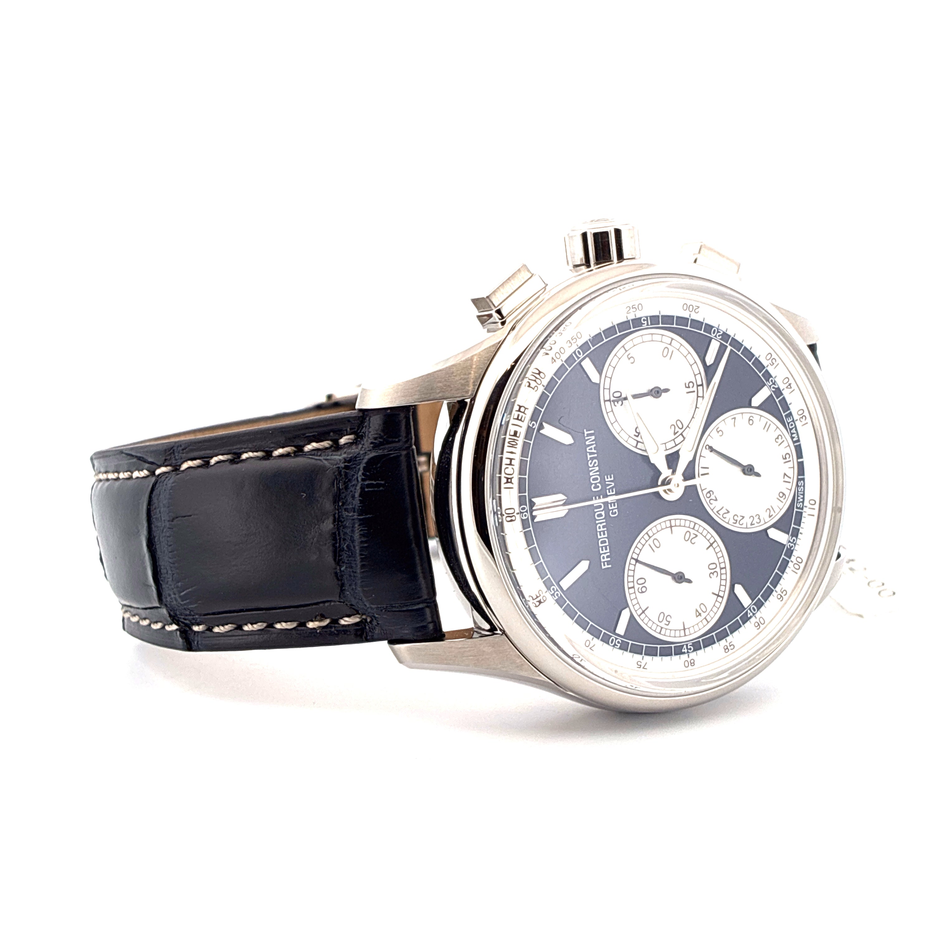 Frederique Constant Manufacture Flyback Chronograph Edelstahl Automatik mit blauem Zifferblatt und schwarzem Lederarmband