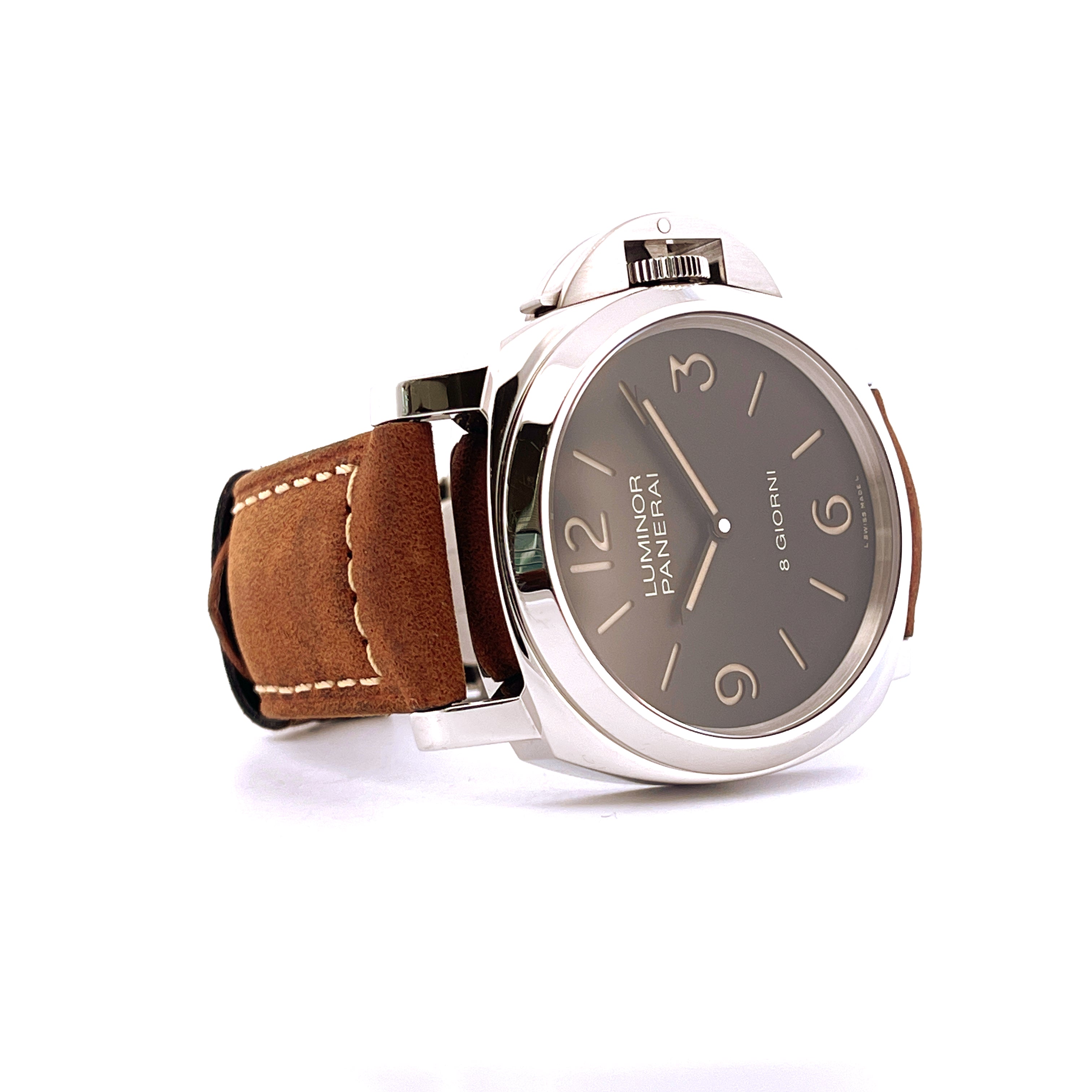 Panerai Luminor Pam00914 im Detail, Edelstahlgehäuse mit braunem Lederarmband