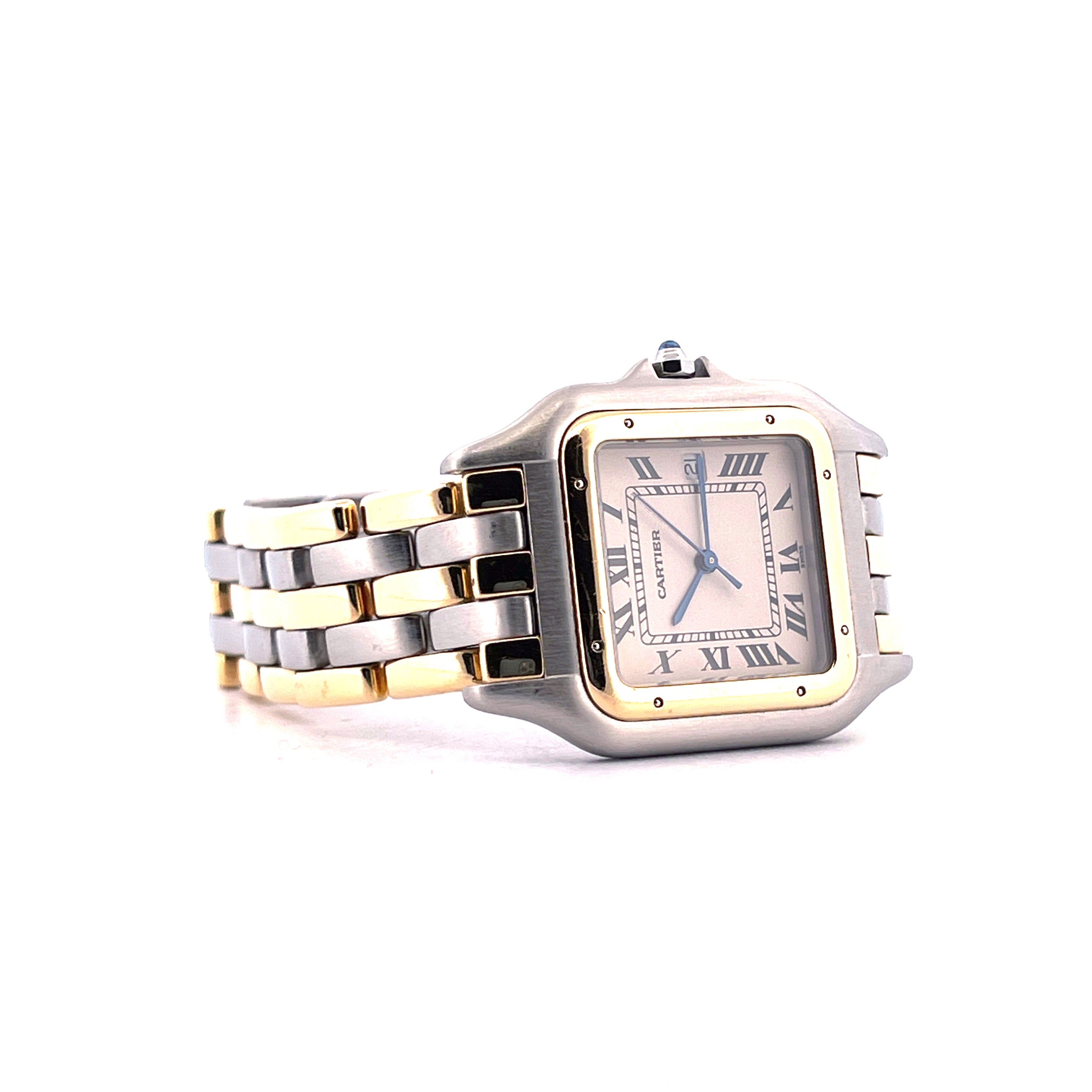 Cartier Panthere Jumbo Vintage 1986 aus Edelstahl und Gelbgold, Frontansicht mit zweifarbigem Armband