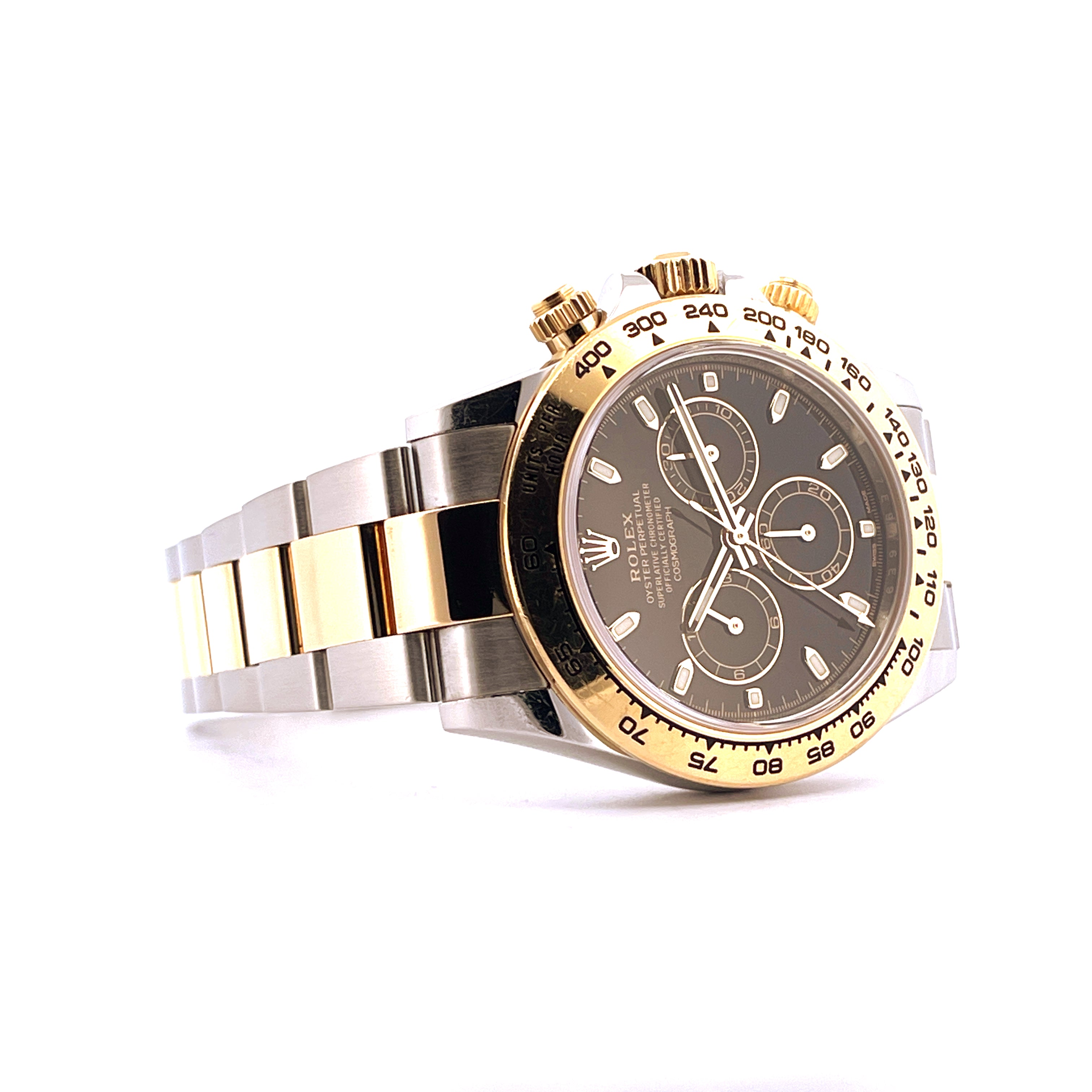 Rolex Daytona 116503 Steel&Gold von der Seite, Stahl-Gold-Armband und Zifferblatt mit drei Hilfszifferblättern