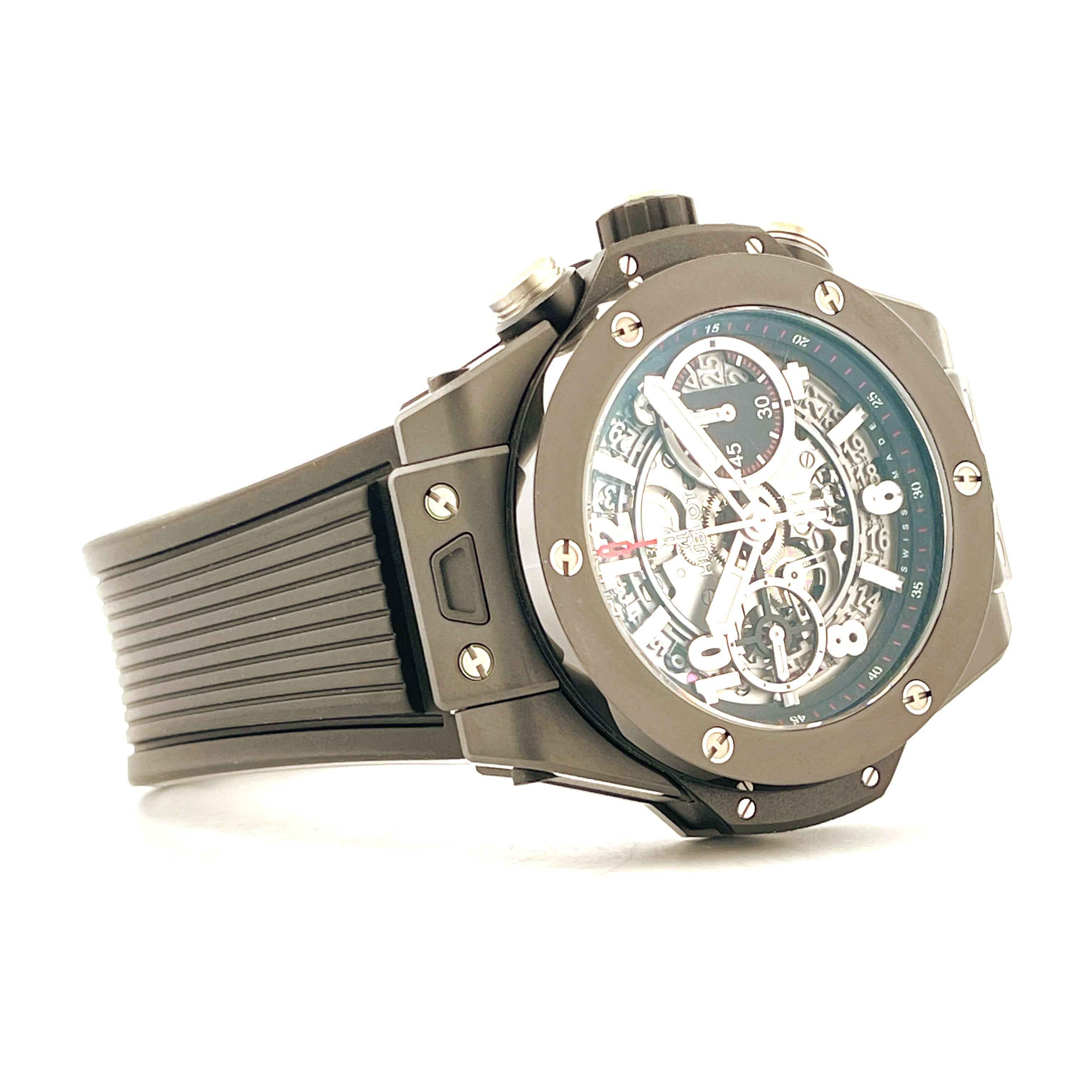 Hublot Big Bang Unico Automatik Uhr in Keramik mit Skelett-Zifferblatt und schwarzem Kautschukarmband