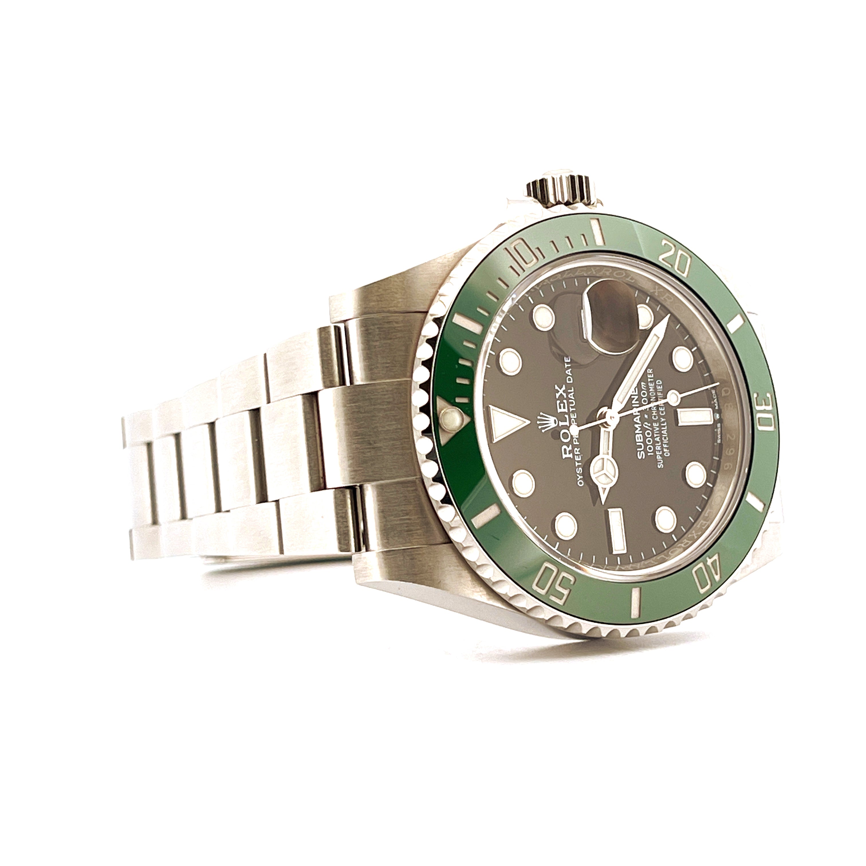 Rolex Submariner Date "Starbucks" Stahl Automatik mit grüner Keramiklünette und dunklem Zifferblatt aus der Seitenansicht
