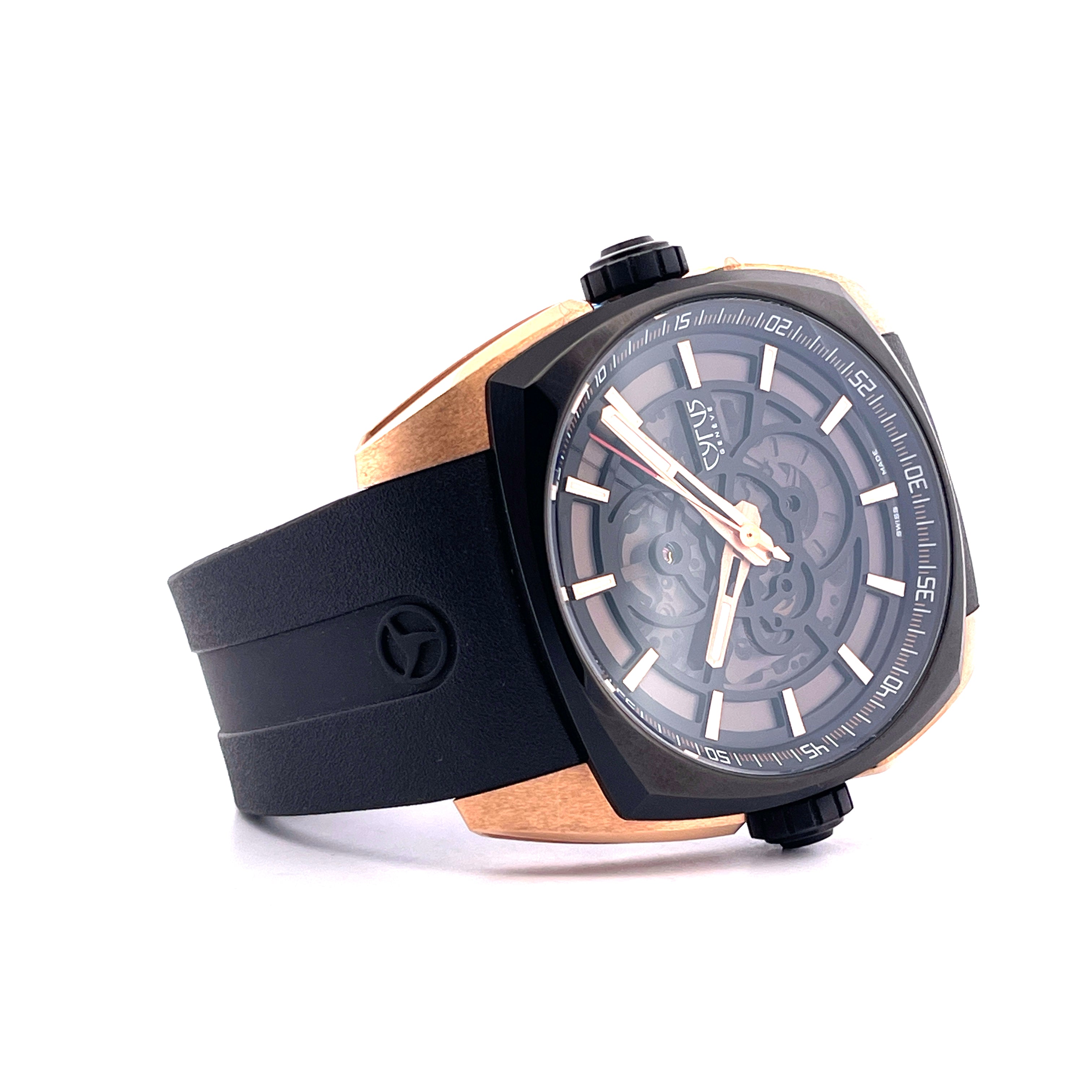 Cyrus Klepcys Solo Tempo Automatik-Uhr Roségold und schwarzes Edelstahl mit skelettiertem Zifferblatt und schwarzem Armband