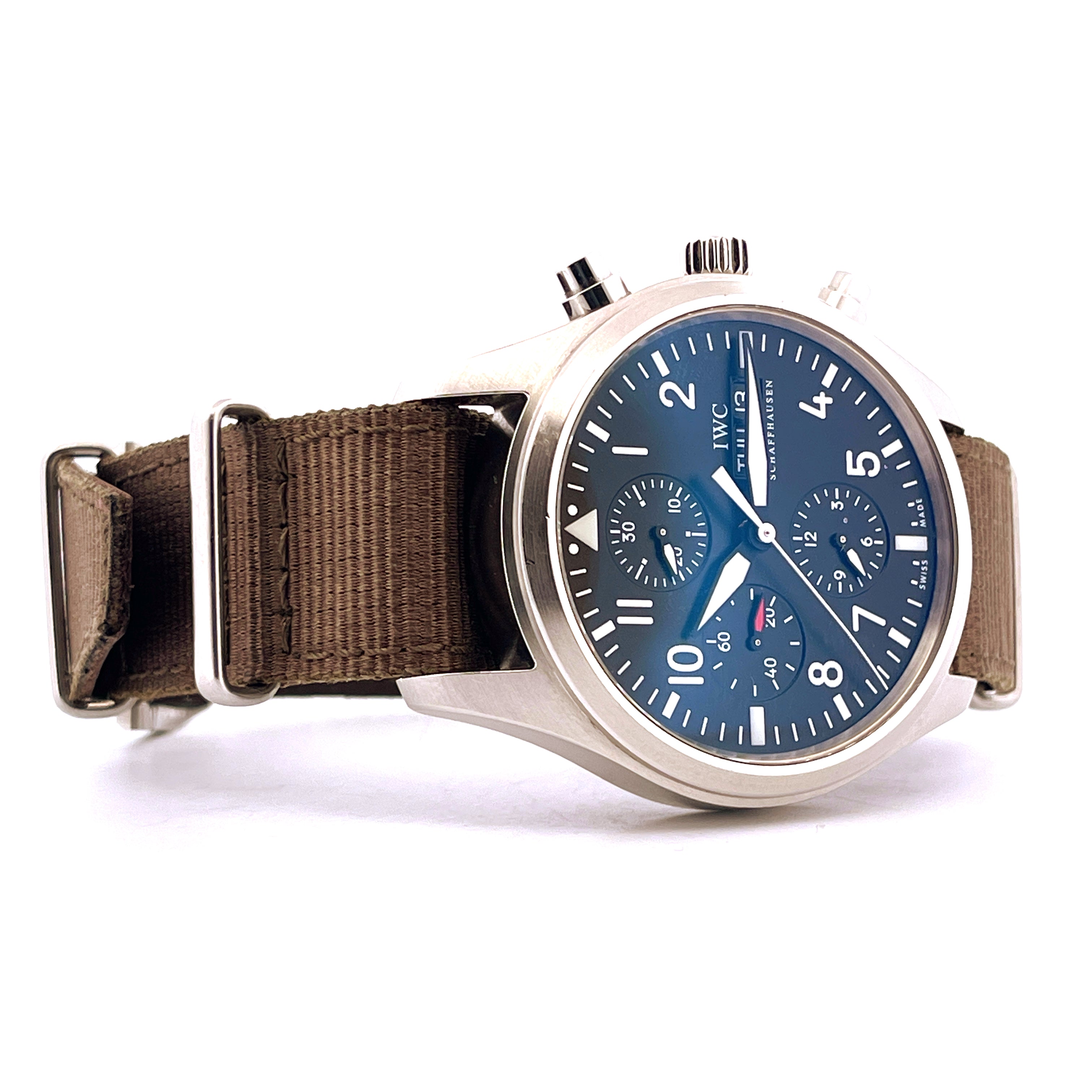 IWC Fliegeruhr Chronograph 371701 mit blauem Zifferblatt und braunem Textilband