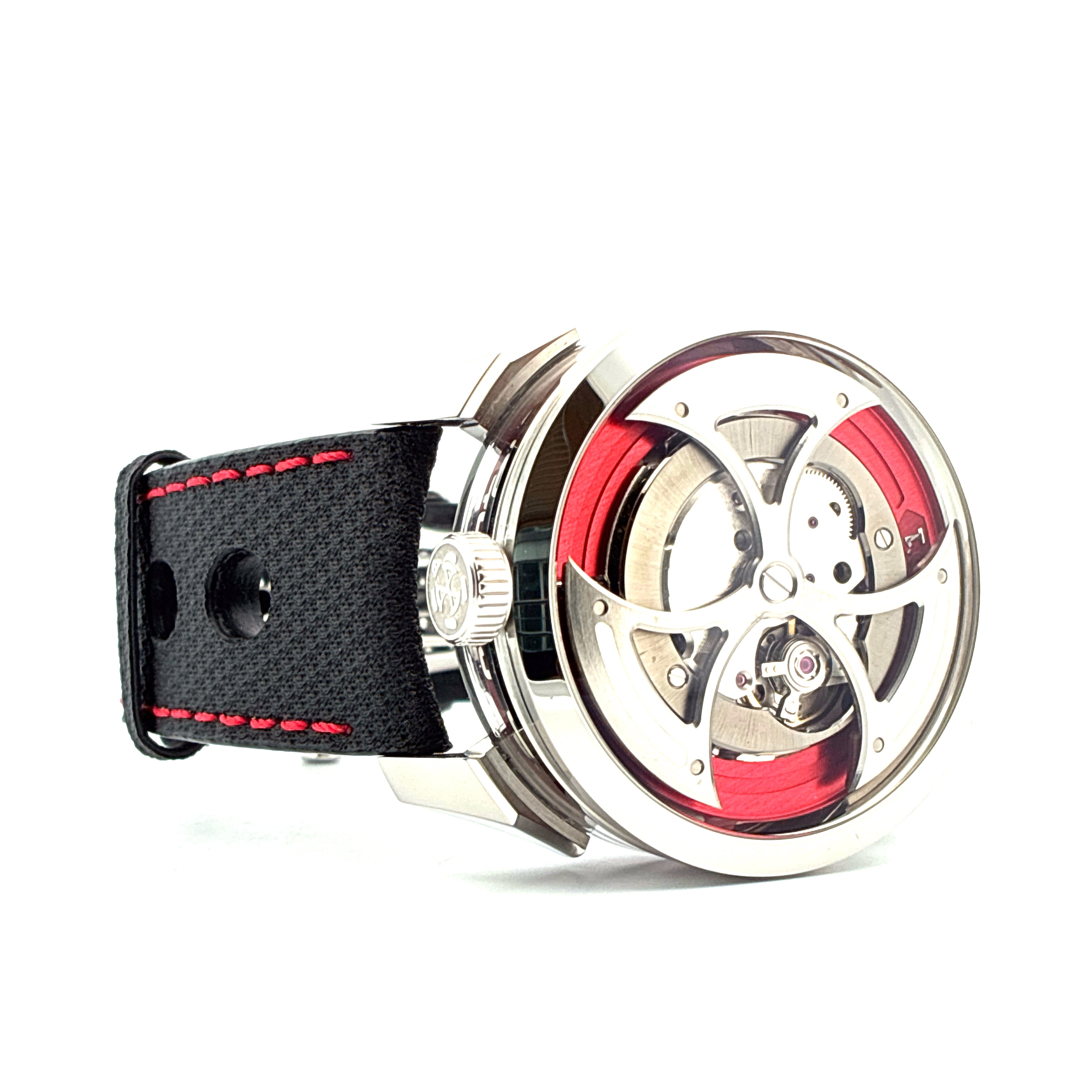 MB&F M.A.D. 1 Edition Red Automatik-Uhr mit schwarzem Band und rotem Akzent