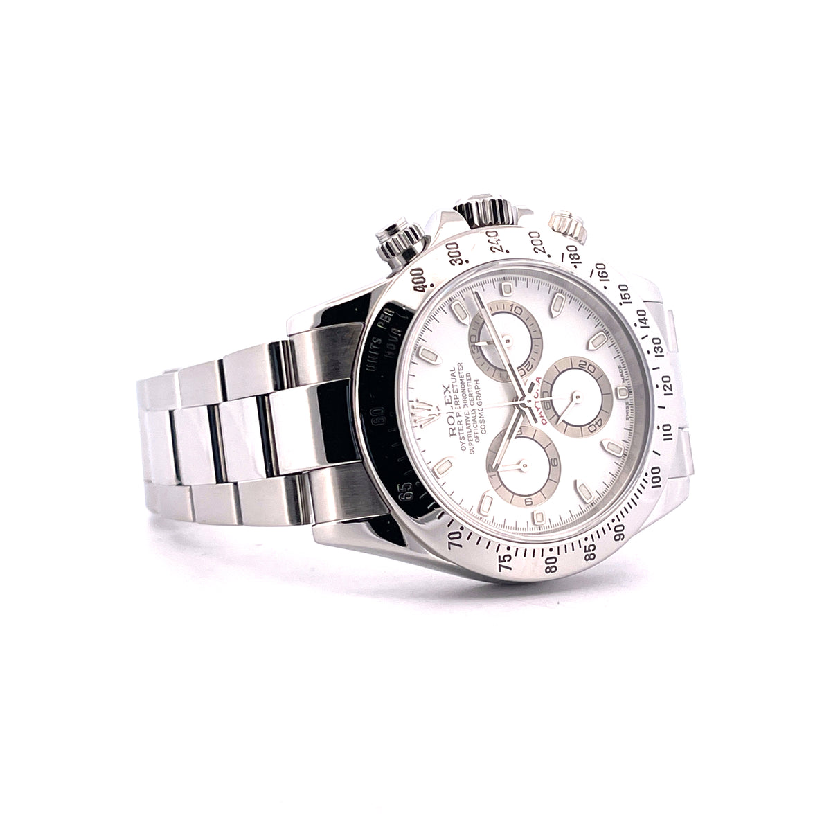 Rolex Daytona white Dial 116520 / very good Condition / Full Set / LC100 / 2002, Schrägansicht mit Zifferblatt, Armband und Krone vor weißem Hintergrund