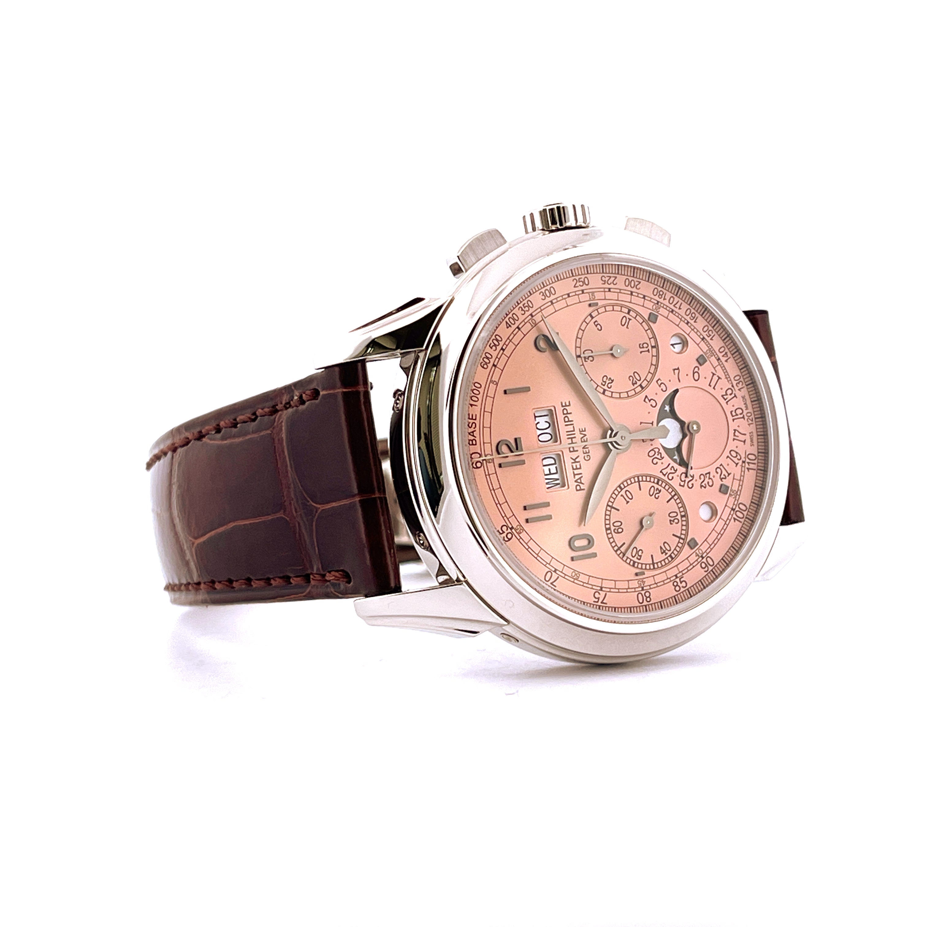 Patek Philippe Perpetual Calendar Chronograph 5270P-001 in Platin mit rosafarbenem Zifferblatt und braunem Lederarmband