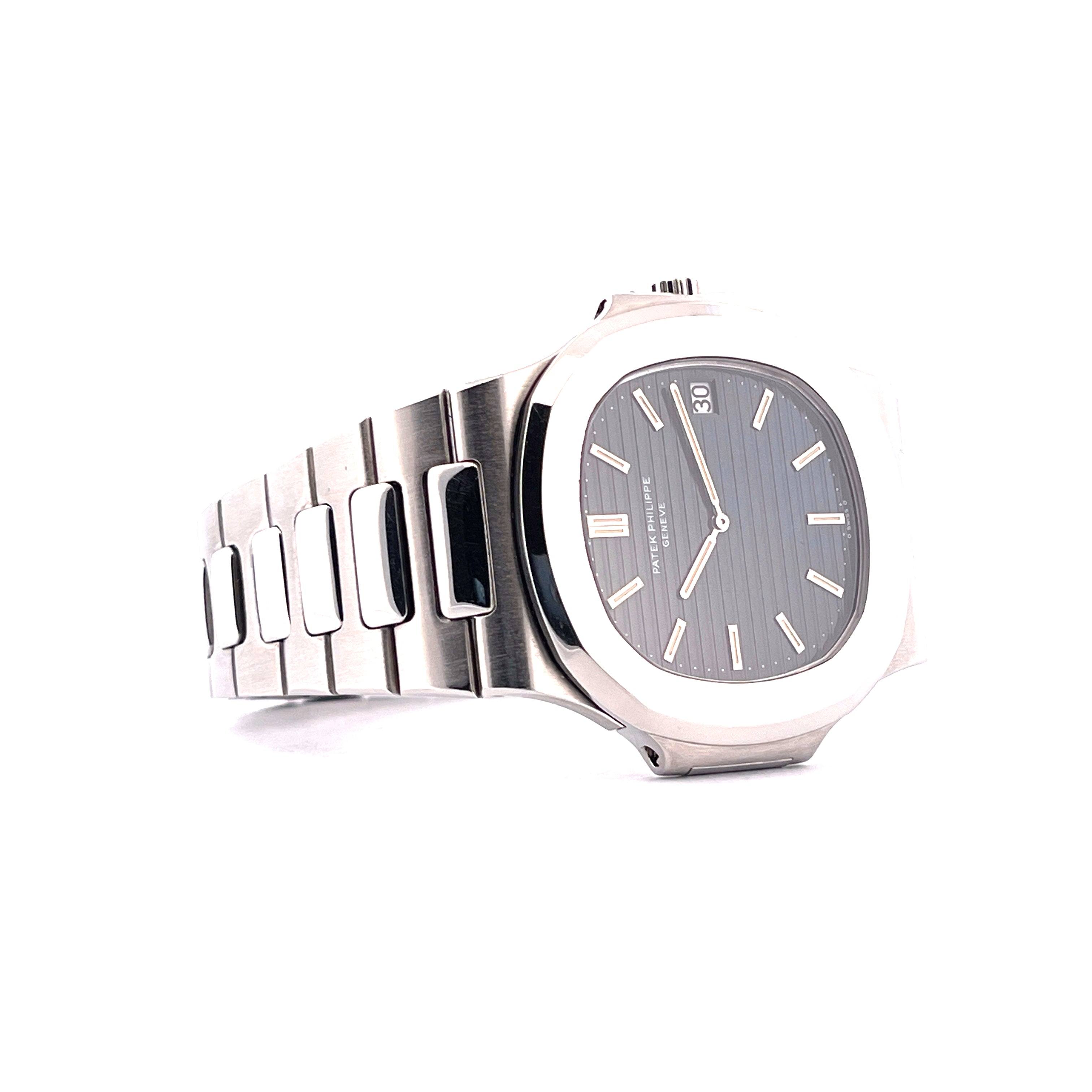 Patek Philippe Nautilus Jumbo 3700/1 aus Edelstahl, Automatik, mit dunklem Zifferblatt und Stahlarmband, Seitenansicht